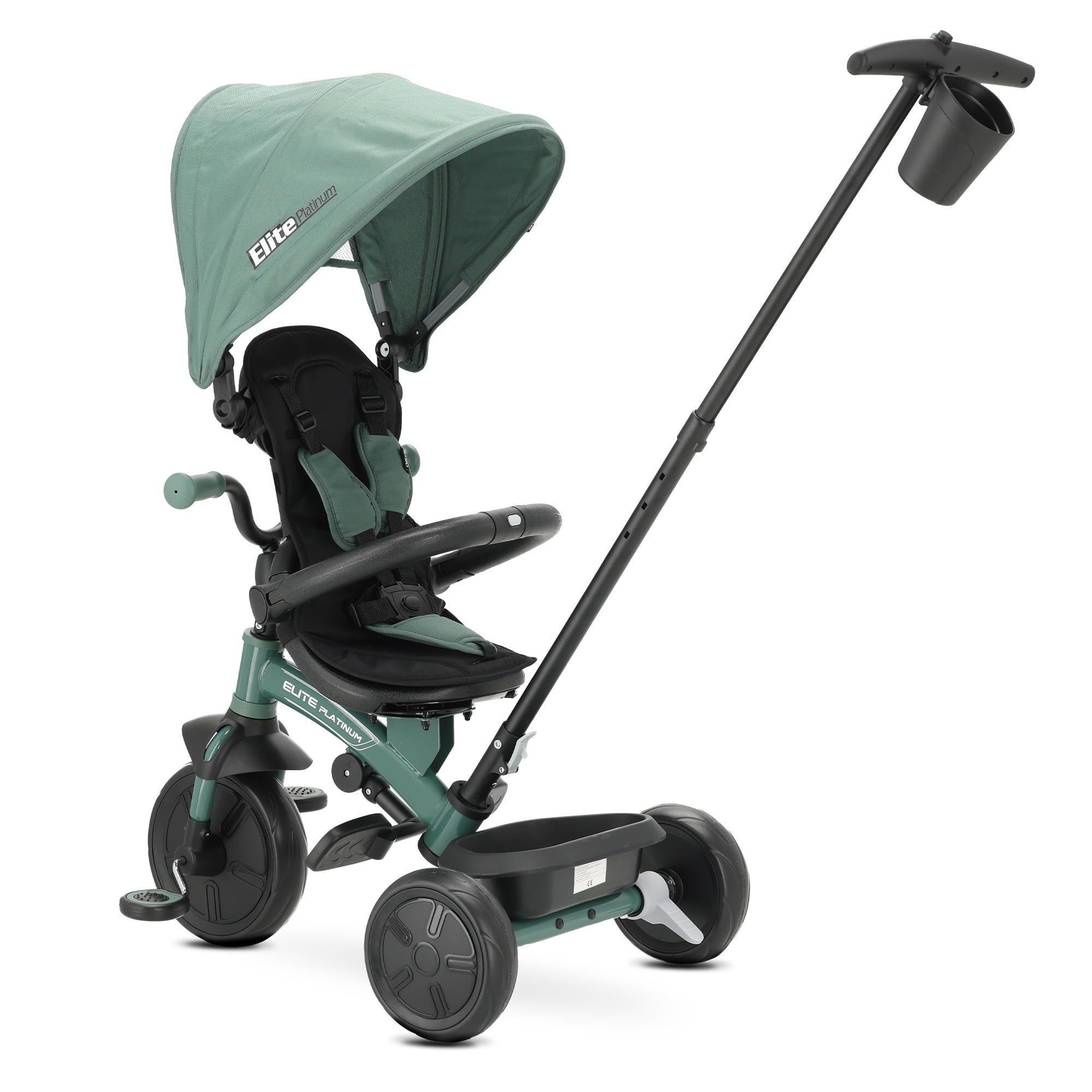 Triciclo Evolutivo QPLAY Elite Platinum 6 in 1 con sedile girevole a 360°, per bambini da 10 a 36 mesi, Maniglione direzionale, Capottina XL, Poggiapiedi e cestino (Verde)