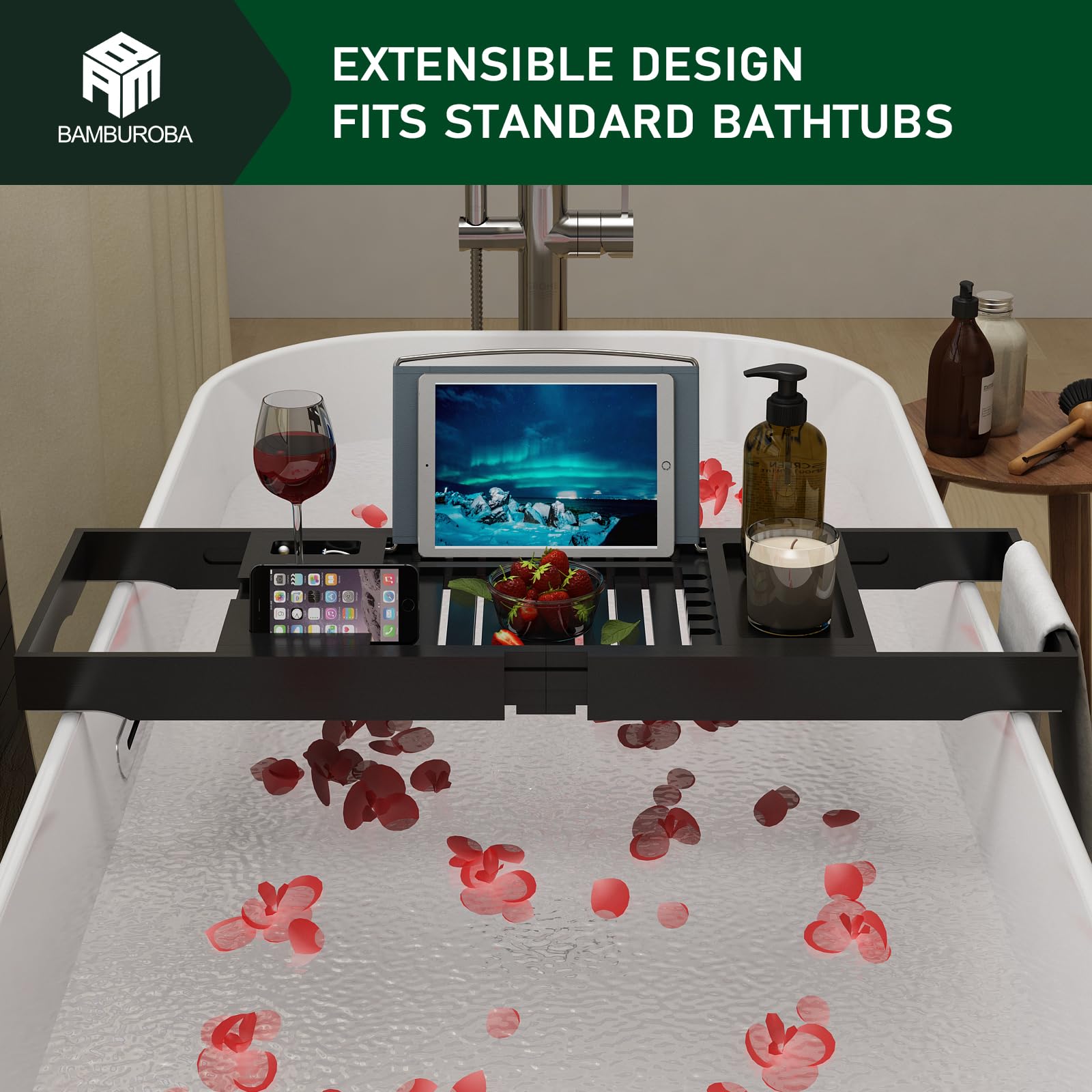 Bandeja plegable de bambú expandible para baño de lujo, accesorios de baño y mesa con soporte para copas de vino, soporte para libros, organizador de baño con lados extensibles para hombres y mujeres