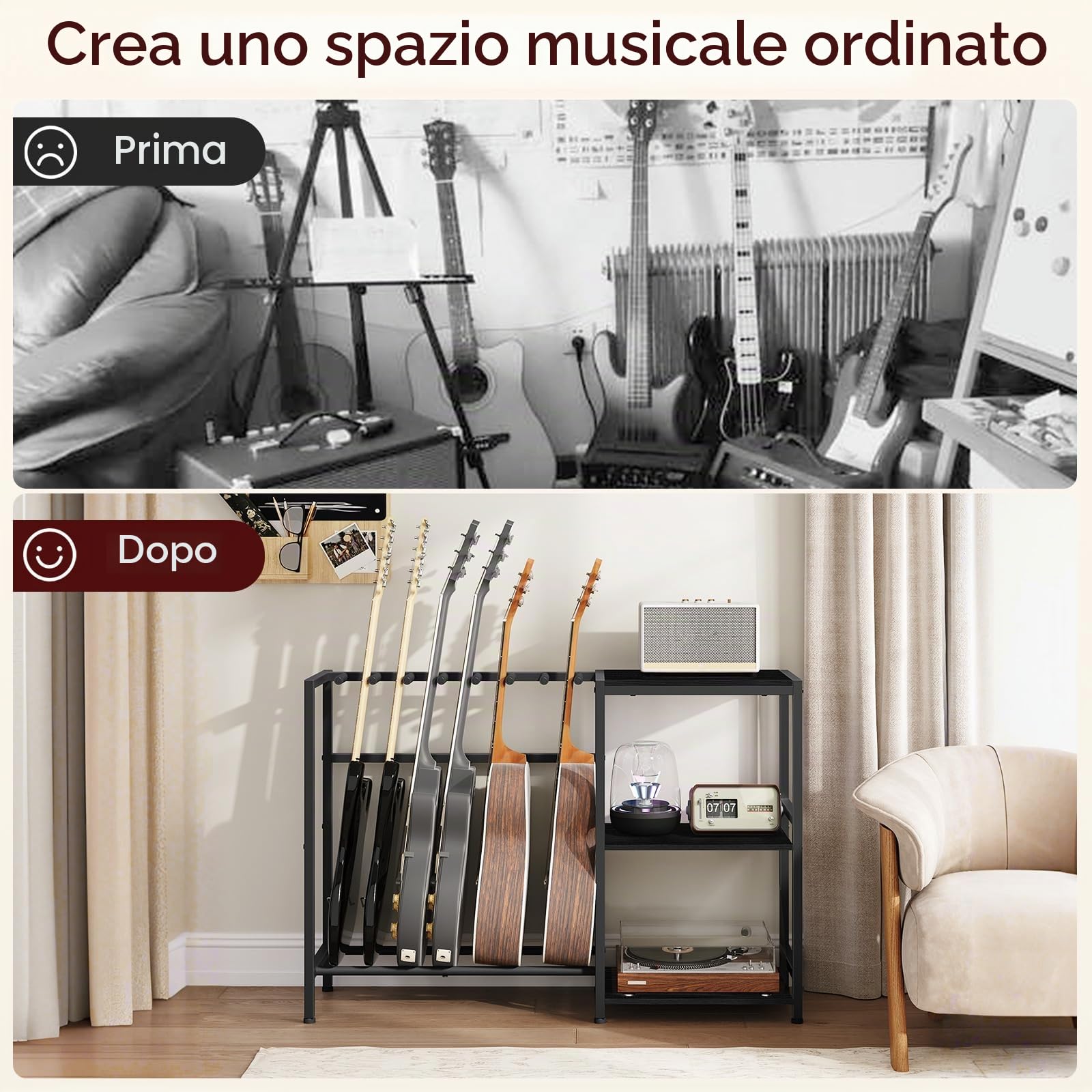 MAHANCRIS Supporto per chitarra, supporto per strumenti a 5-6 corde, adatto per chitarra acustica, basso, con ripiani per giradischi, con cuscinetti in gomma