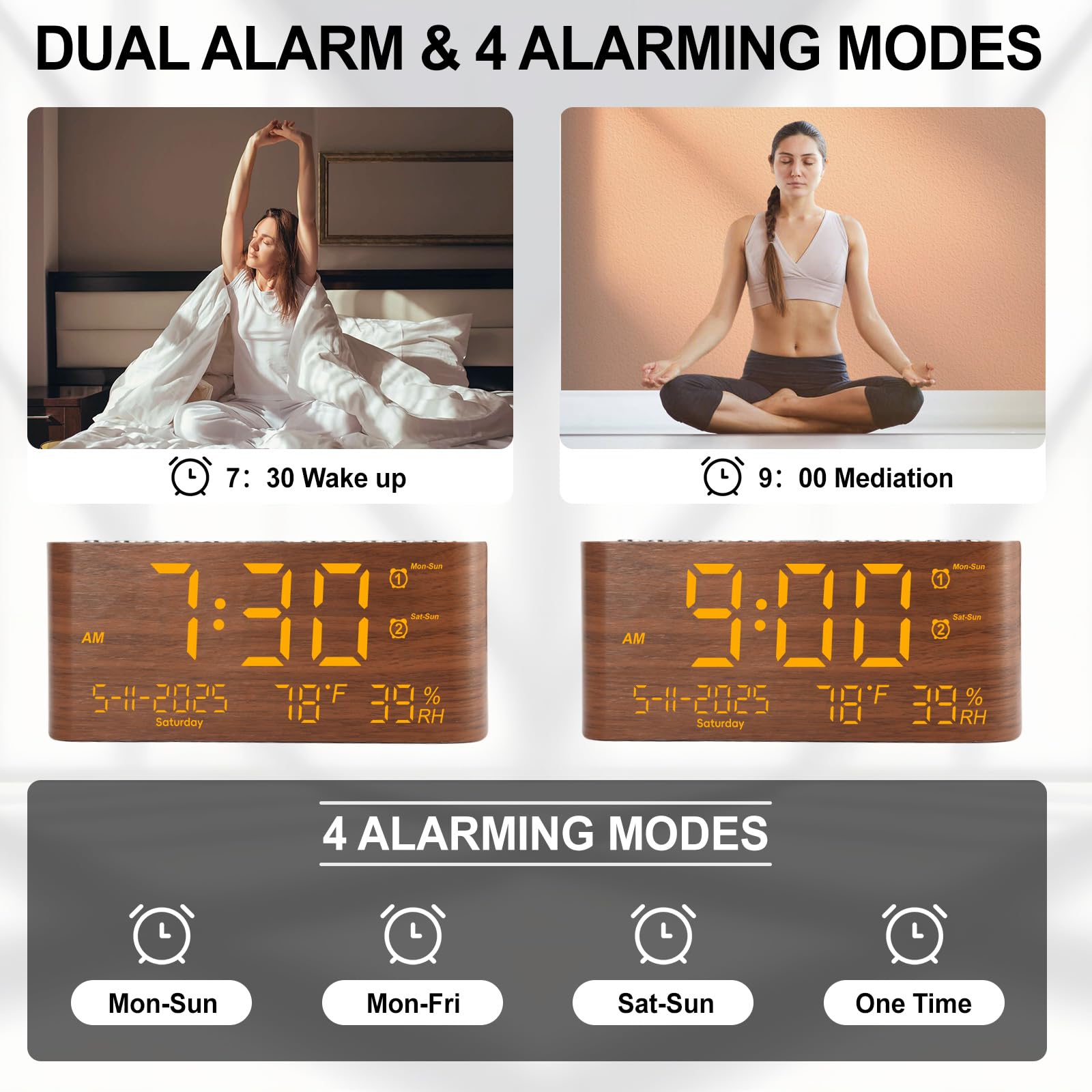 PPLEE Sveglia digitale da 22,1 cm per camera da letto, con giorno della settimana, mese, anno, umidità e temperatura, luminosità snooze, 2 sveglie e 2 caricabatterie USB, orologio da scrivania per chi