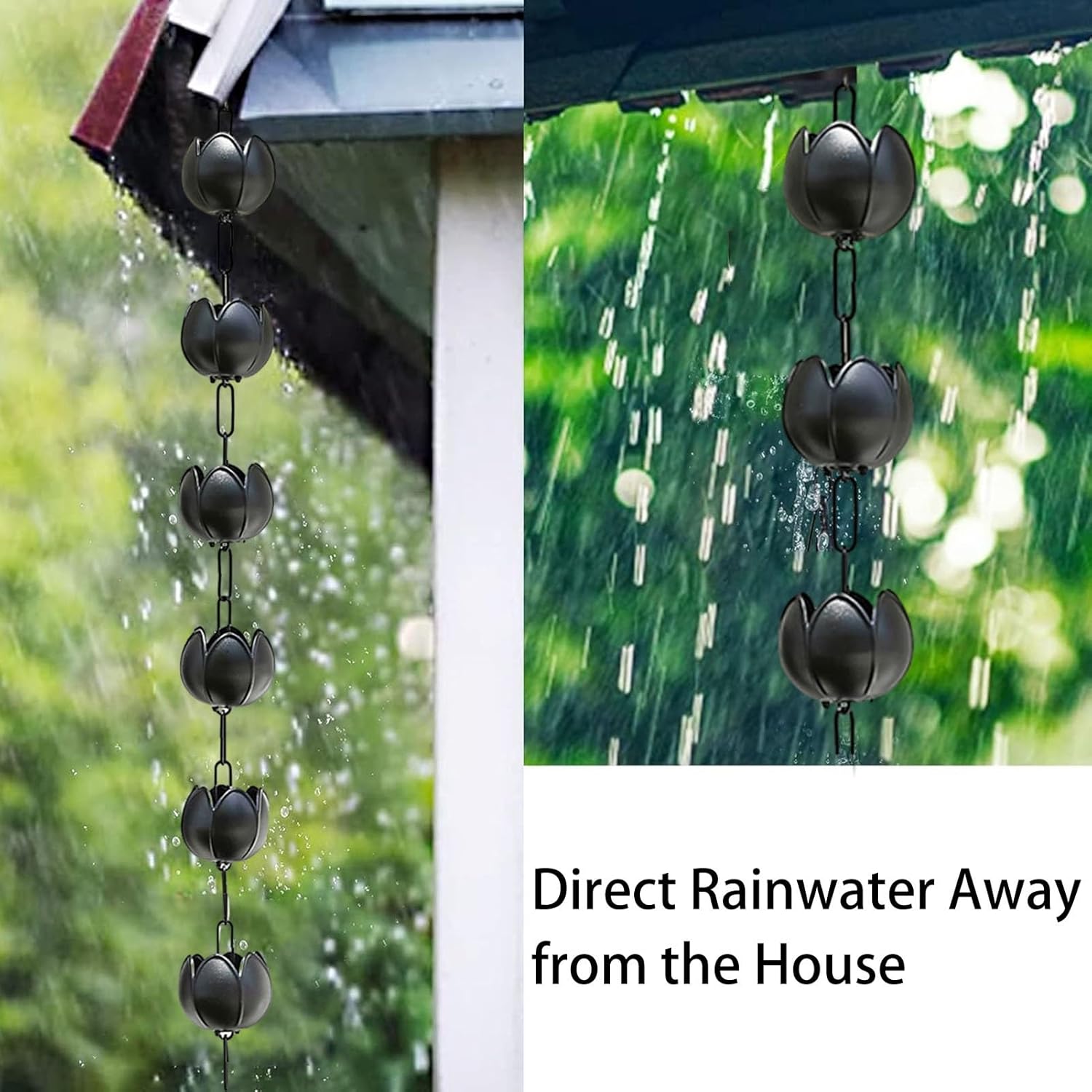 YANBI Black Rainwater Guide Chains Cups, Adjustable Gutter Rain Chain Lotus Rain Catcher, Rain Chime Decorative Link for Spout Channel/Downspout (Size : 1.5m/5ft)