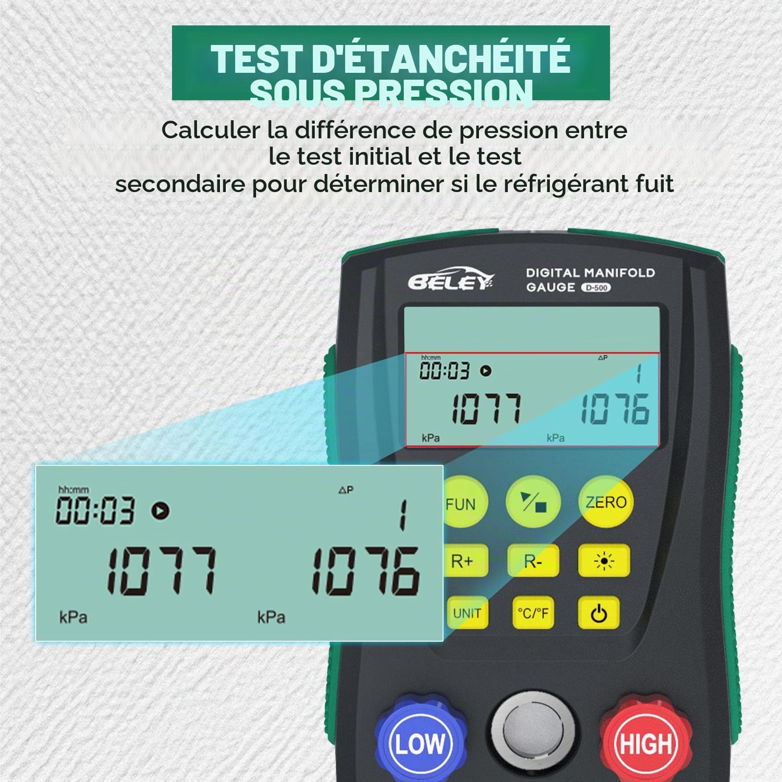 R32 R410a Manomètre à Réfrigérant Numériqueavec Deux Pinces de Température, Commande à Deux Vannes Manometre Climatisation avec 93 Types de Réfrigérants, pour Diagnostic & Maintenance Frigorifique