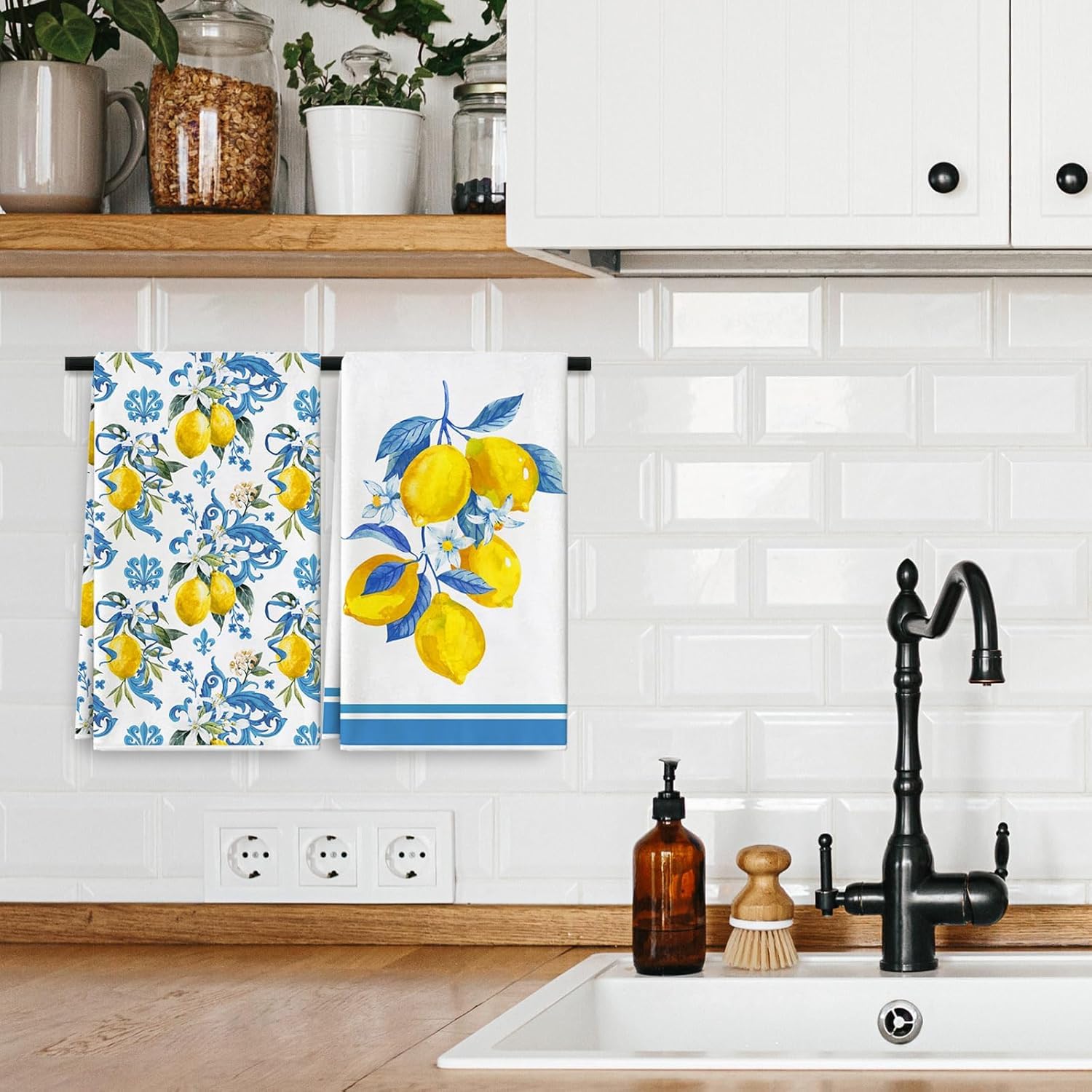 Geschirrtuch Zitrone, Zitronen Deko 2 Stück 40x60 cm Küchentücher Geschirrtücher mit Blumen Floral Sommer Design, Saugfähig und Schnell Trocknend, Frühling Sommer Dekoration Handtücher für Küche
