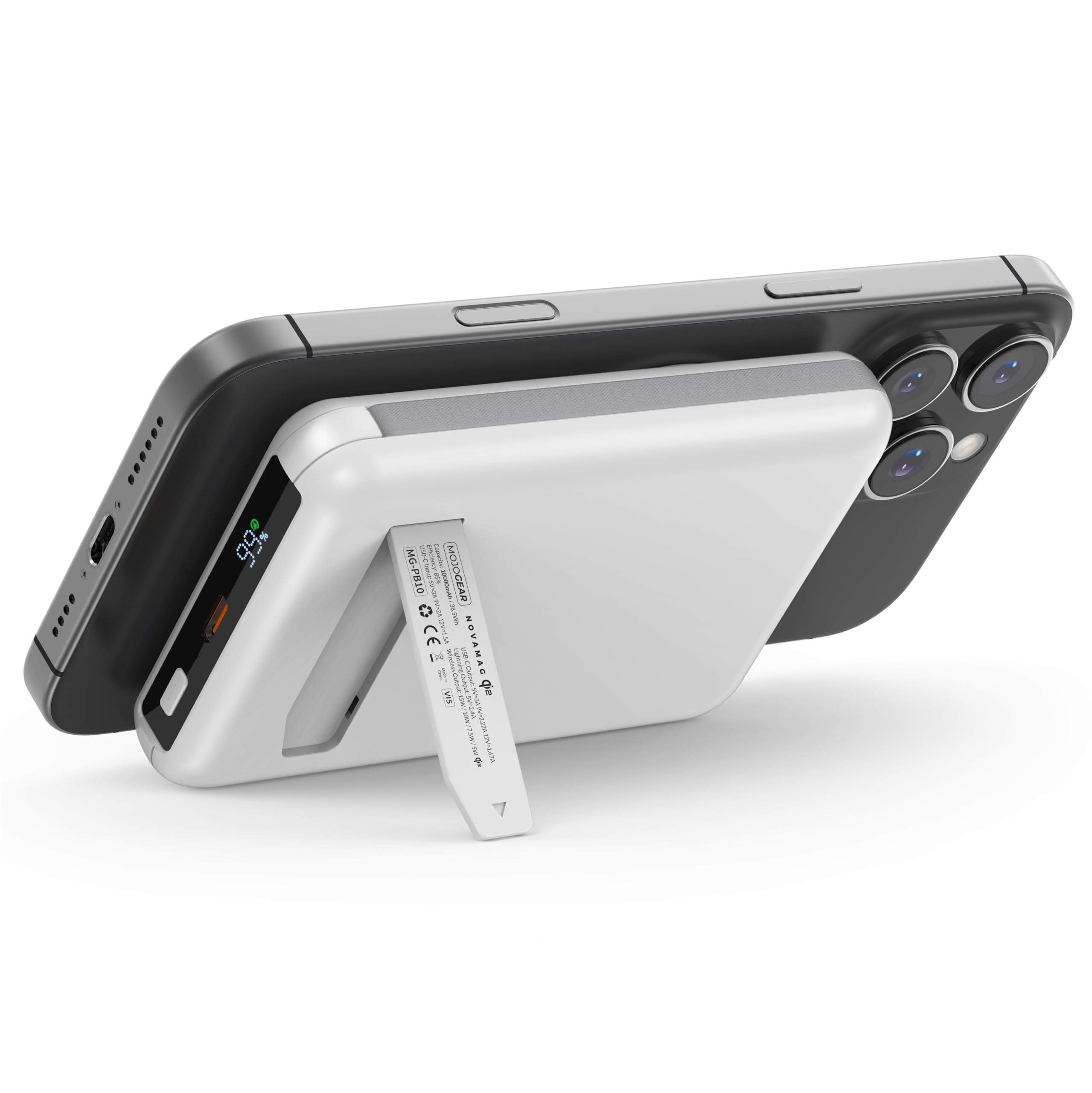 MOJOGEAR NovaMag Batterie externe tout-en-1 10 000 mAh – Charge sans fil Qi2 super rapide – Avec câble USB-C et Lightning – Compatible avec iPhone et Samsung – Batterie externe Mag Safe – Affichage