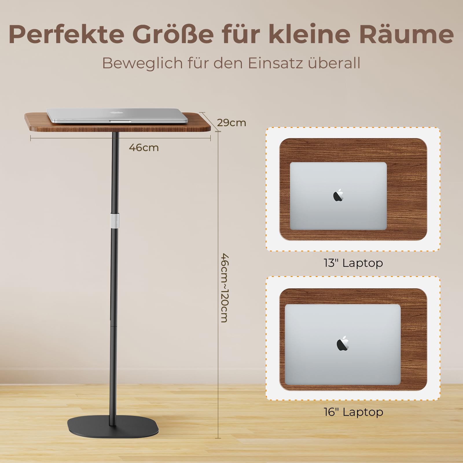 Stehpult Höhenverstellbar mit 46–120cm Laptop Ständer Mobile Schreibtisch Verstellbarer Beistelltisch für Studienarbeiten, beweglicher Computertisch für Büros/Bett und Sofa, Schwarz