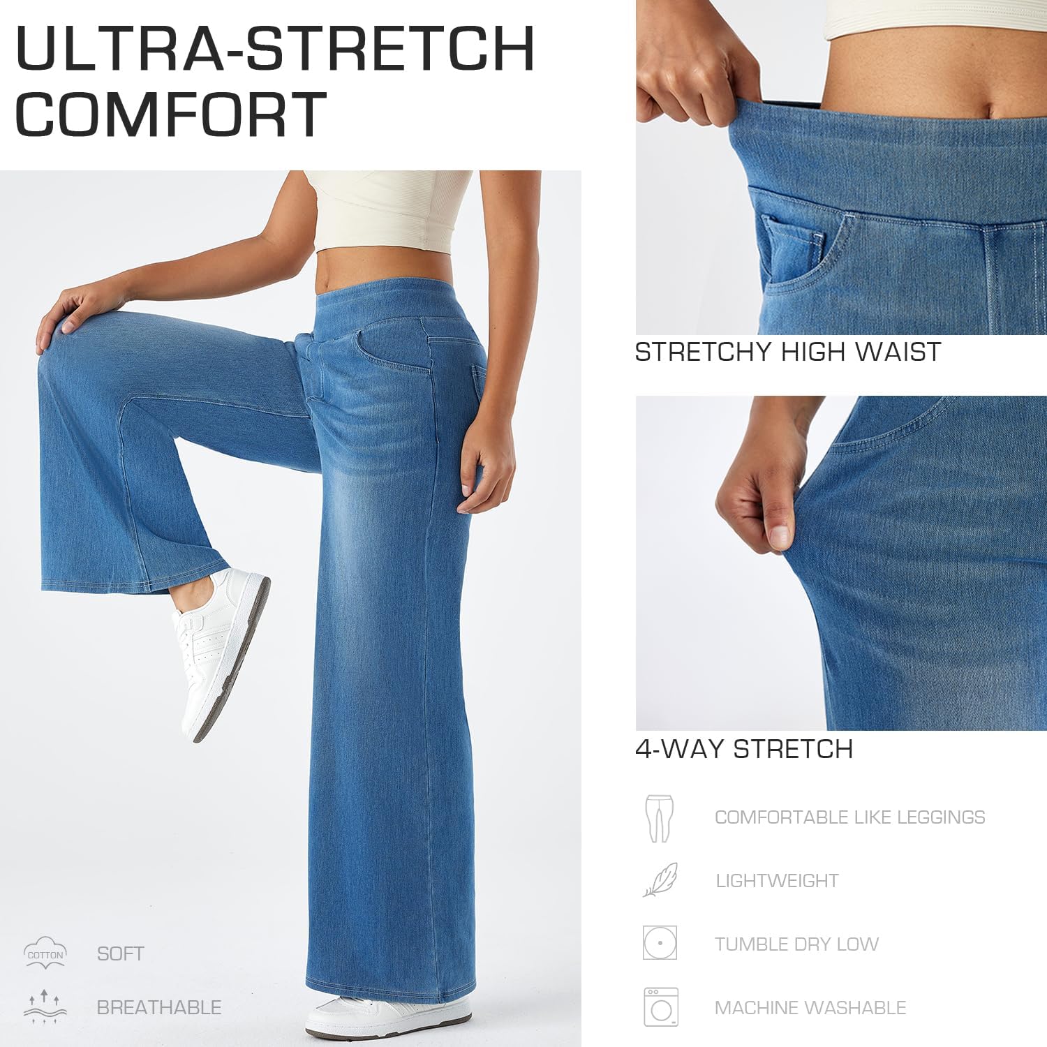 Women's High Rise Wide Leg Jeggings - Stretch Pull On Jeans-Style Pants, Soft Denim with Pockets - Image 4