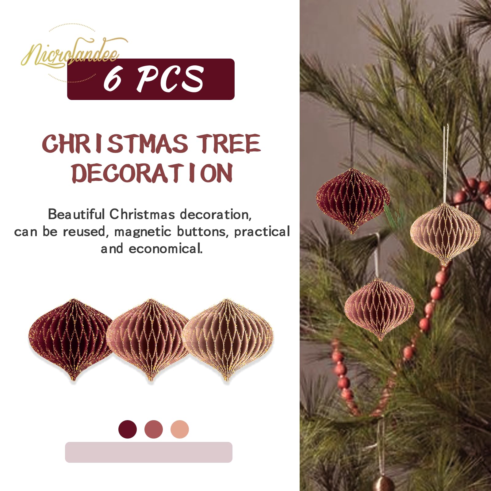NICROLANDEE Christmas Hanging Decorations, 6 PCS Nature Round Glitter Edge Paper Honeycomb Ornaments - Image 2