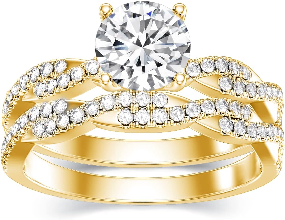 1.4 Carat (ctw) Round-Cut Moissanite Twisted Bridal Sets Wedding Engagement Ring Set for Women White Gold Wedding Band Engagement Rings Customizable Sterling Silver/10k gold/14k gold/18k gold