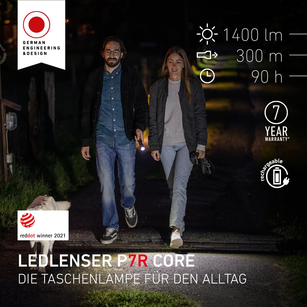 Ledlenser P7R Core Akku-LED-Taschenlampe, 1400 lm, 300m Leuchtweite, IP68 | fokussierbar, 202g, bis zu 90h Leuchtdauer, SOS/Stroboskop, Wiederaufladbar, Ideal für Wandern, Camping, wasserdicht | 2020