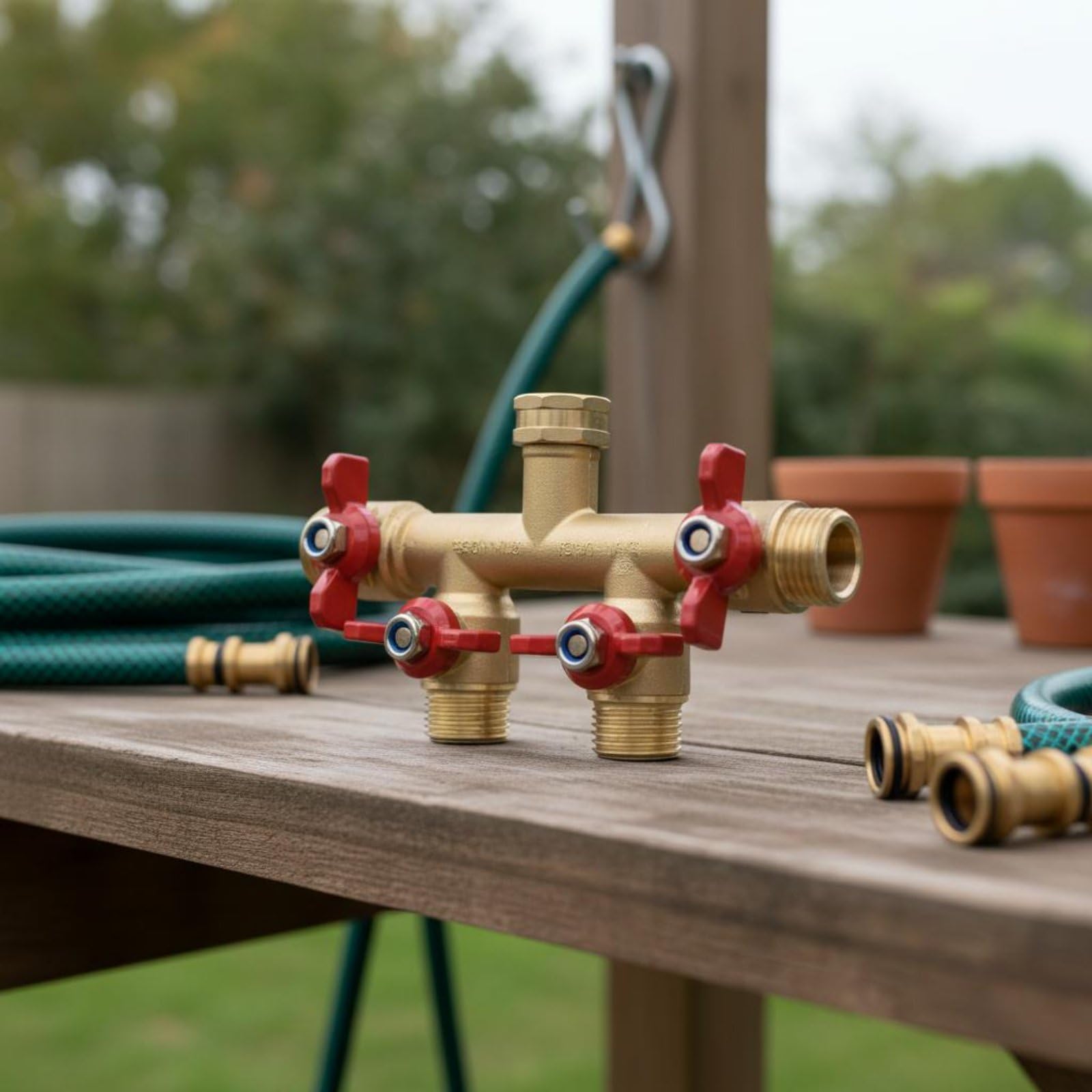 Qianly Sdoppiatore Rubinetto 4 Uscite Alta Portata Deviatore Acqua 4 Vie in Ottone Alto Flusso Valvola Distribuzione Acqua Giardino per Orto