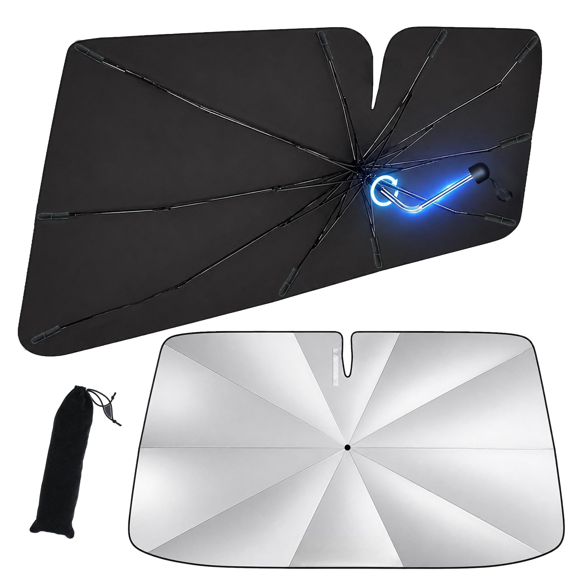 Ombrello Parasole Auto 140x80cm, Parasole Auto Parabrezza Interno con Aste In Fibra Ossea Ultra Flessibili e Manico Pieghevole 360°, Parasole Per Auto, SUV, Camion Piccoli e Medi