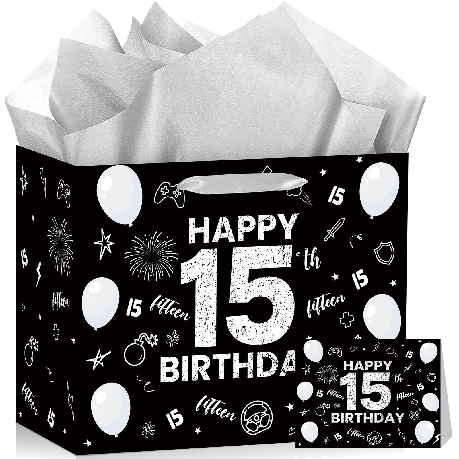 Woosytoo 15th Birthday Gift Bag for Boys Girls Happy 15th Birthday Party Gift Bags with Wrapping Paper Greeting Card Black White 15 Year Old Bday Decorations Party Favors Supplies Decor