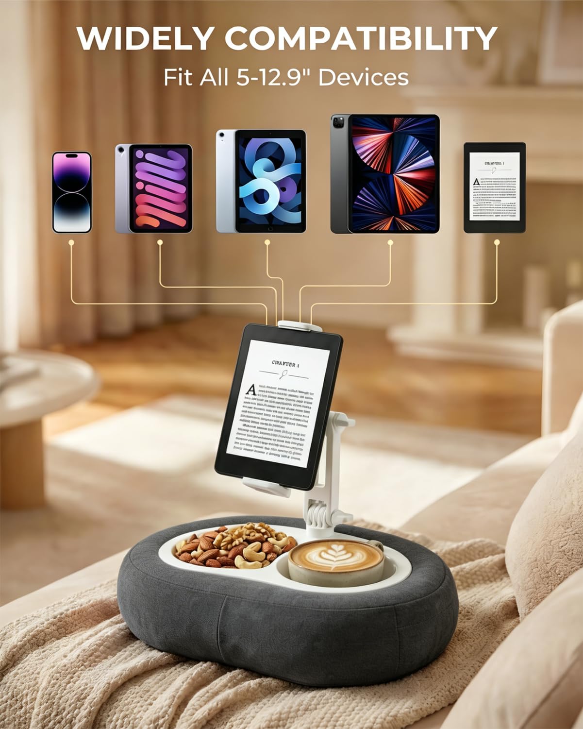 Tablet-Kissenständer, kompatibel mit 5-12,9 Zoll Kindle, iPad, Handy/Tablet, Google, Samsung, 360° drehbare Handyhalterung für Bett, weicher Plüschstoff, abnehmbare Schüssel, Lesen und Entspannen auf