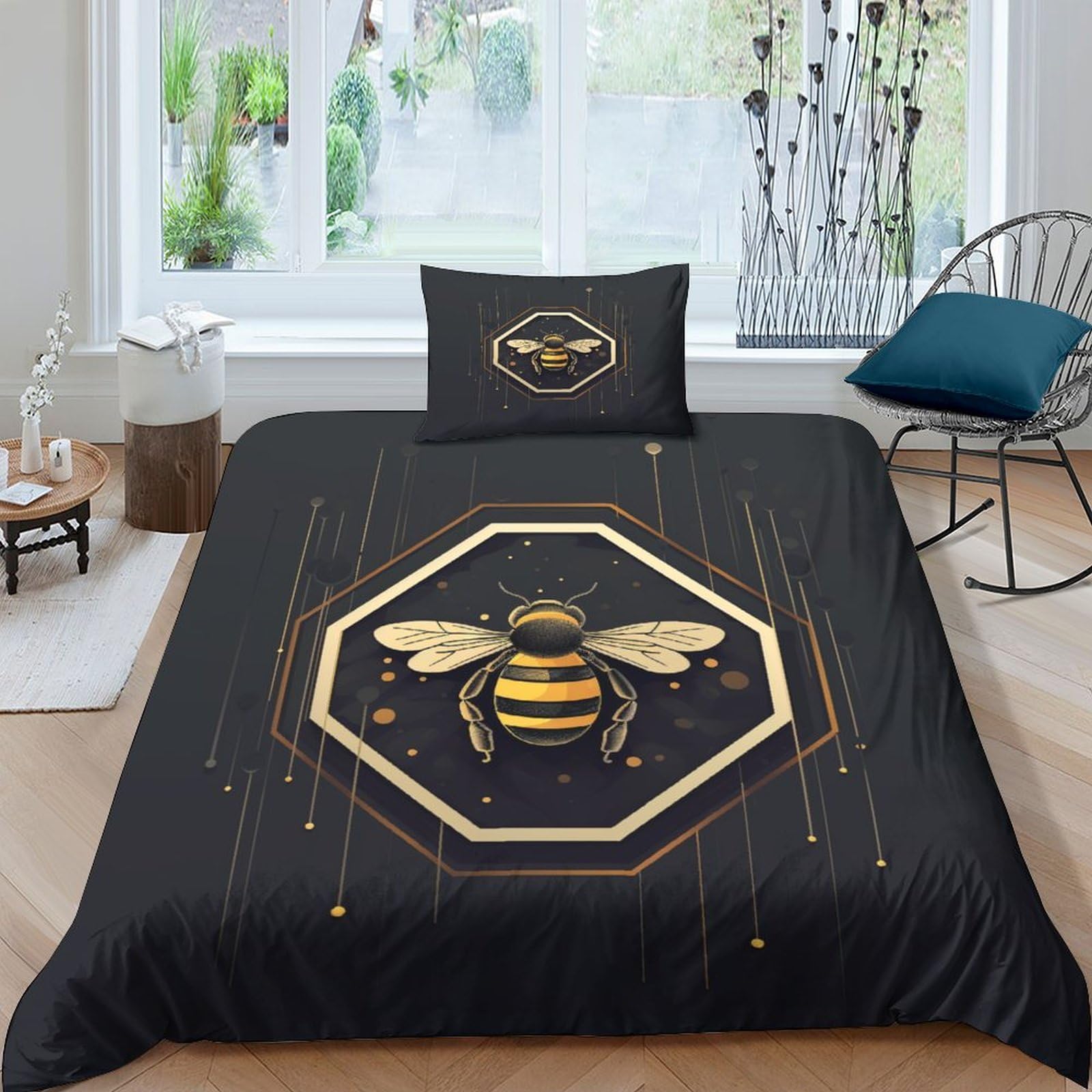 VUDBELAFC Bee Duvet Cover Set 3 PCS Hotel Quality Quilt Cover Bedding Sets Bed Covers with Pillowcases with Zipper Closure Ultra Soft Hypoallergenic Microfiber Single（135x200cm）