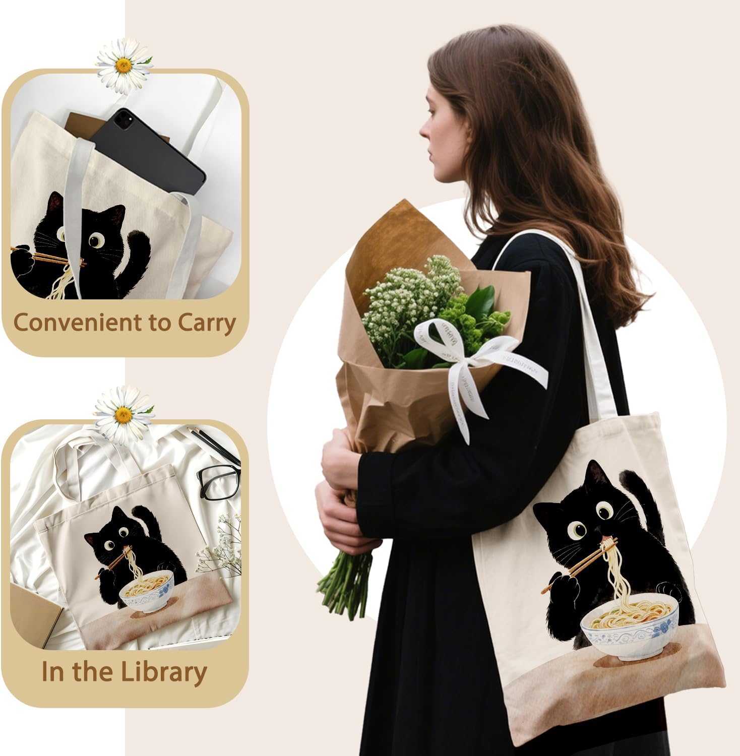 Cute Black Cat Canvas Tote Bag Aesthetic Flowers Reusable Shopping Grocery Bags Birthday Gifts for Women & Teen Girls - Image 5