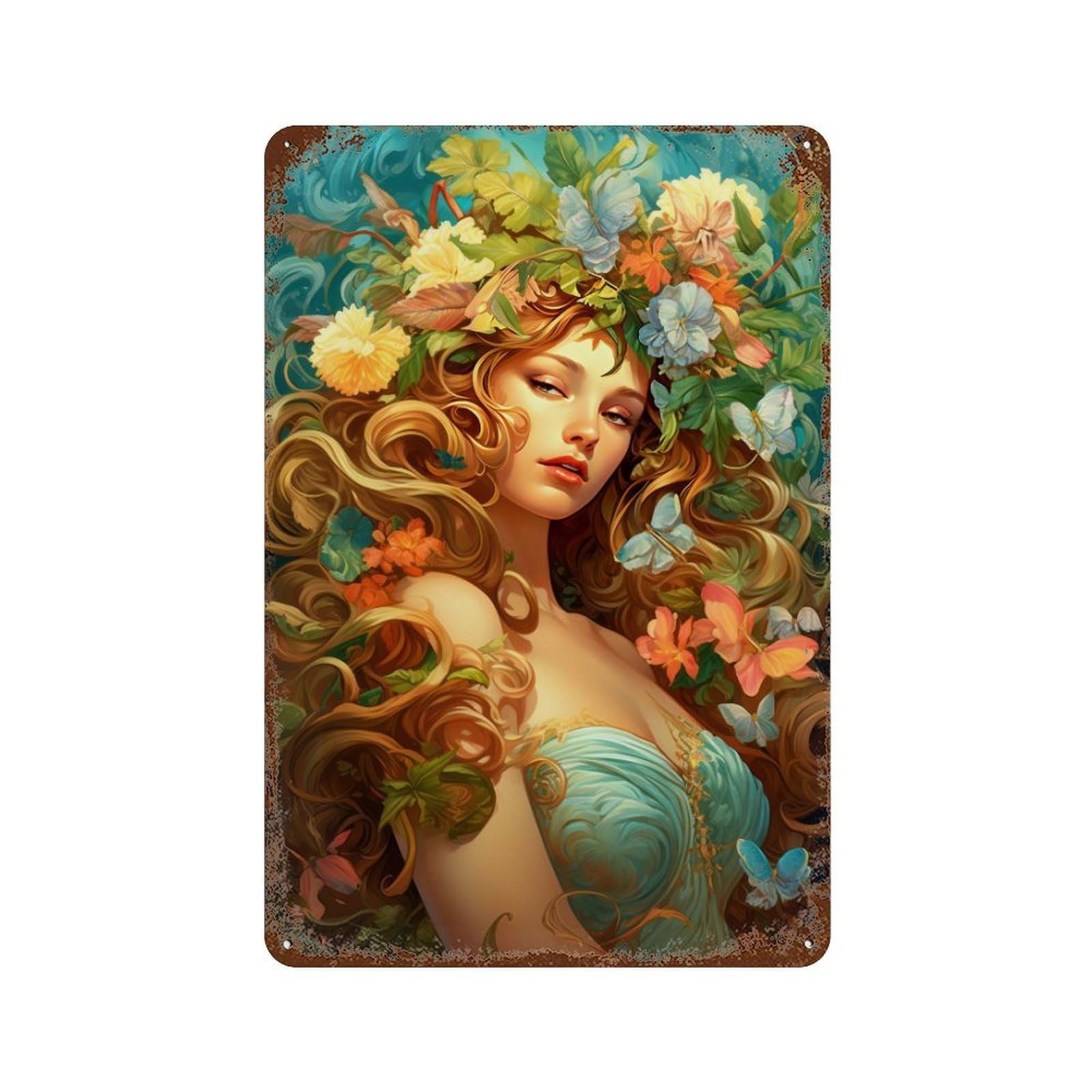 Fantasy Floral Goddess Art Print -1 11.8"x7.9" Distressed Metal Wall Sign, Shabby Chic Decor for Office, Studio And Wall Decor