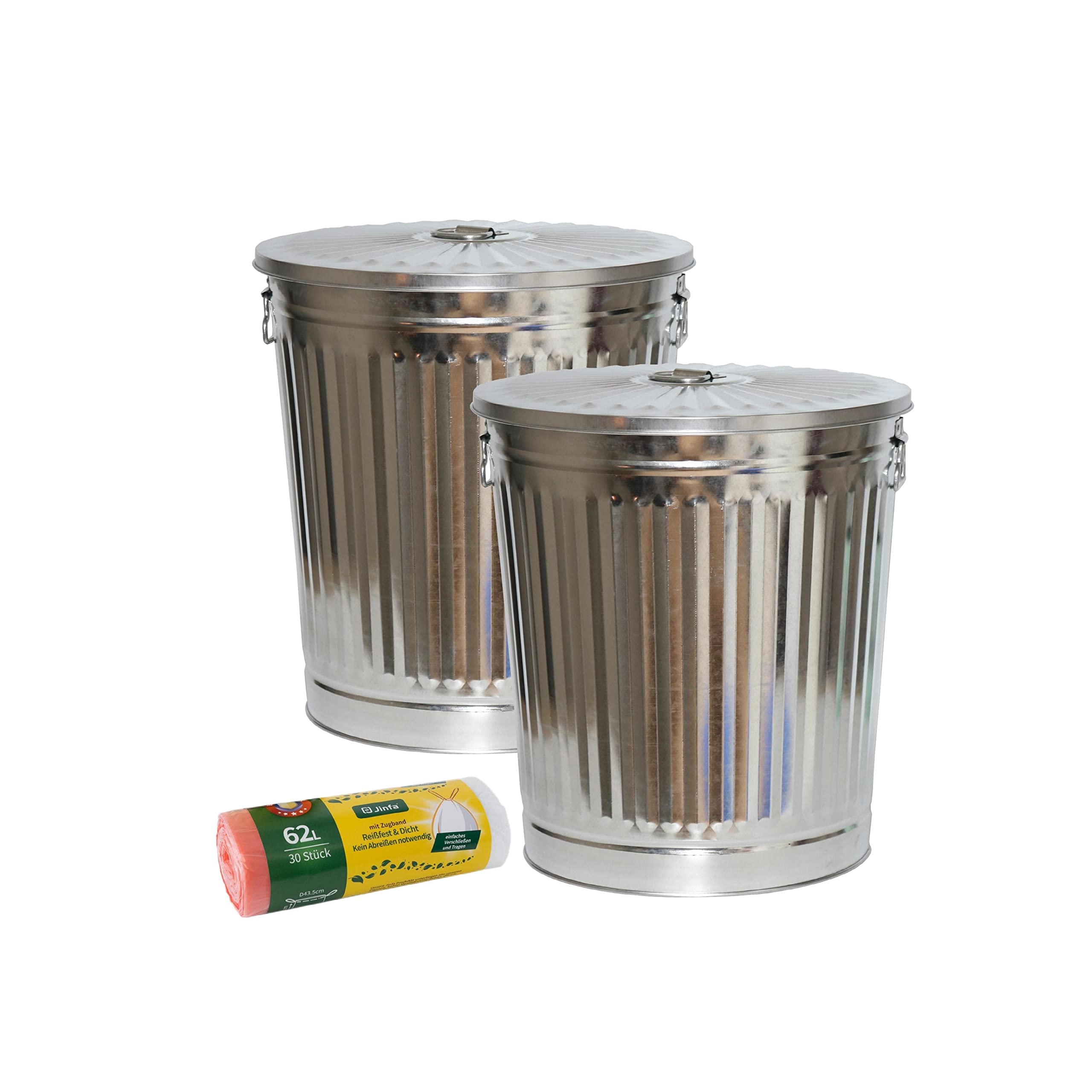 2er-Set Retrodesign Mülleimer mit Griffen und Deckel + 30 Müllbeutel | Zink | 62L