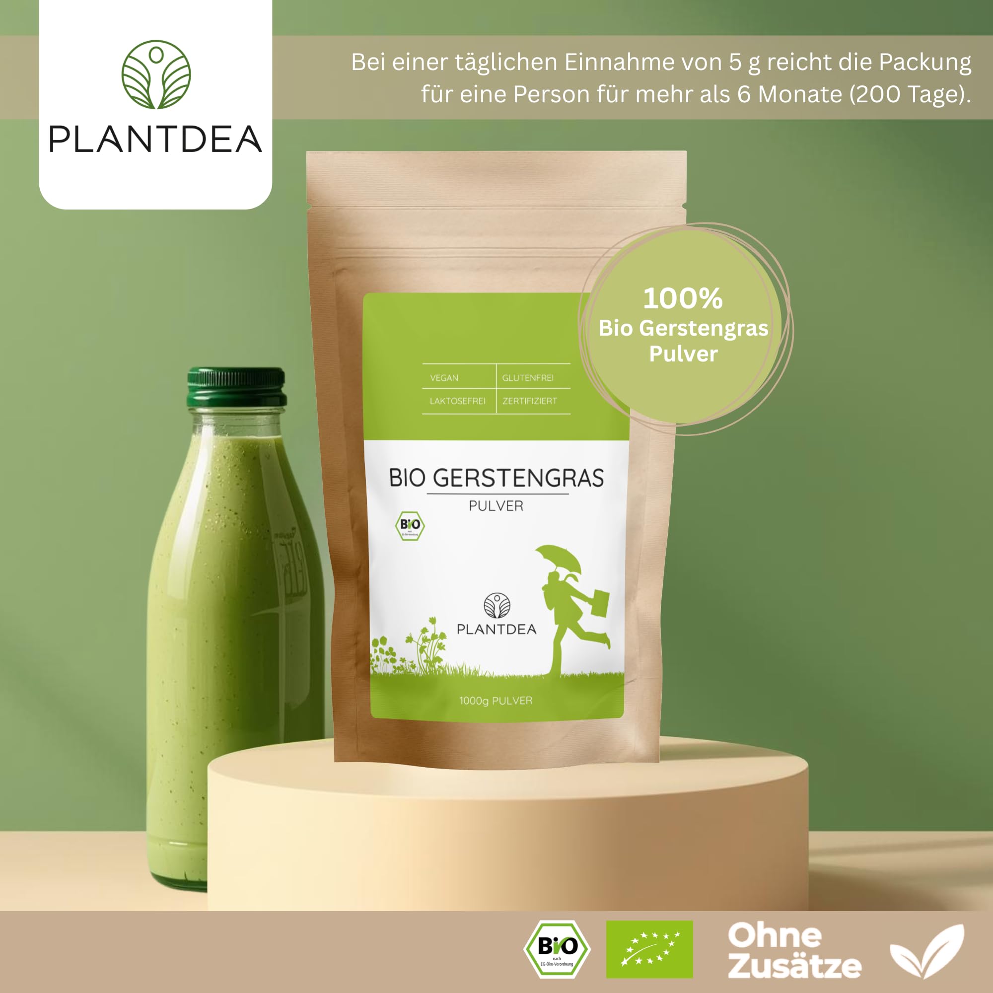 PlantDEA Bio Gerstengraspulver 1 kg – junges Gerstengras, fein vermahlen, vegan & glutenfrei – ideal für Smoothies, Säfte & Shakes – Rohkostqualität – ohne Zusätze