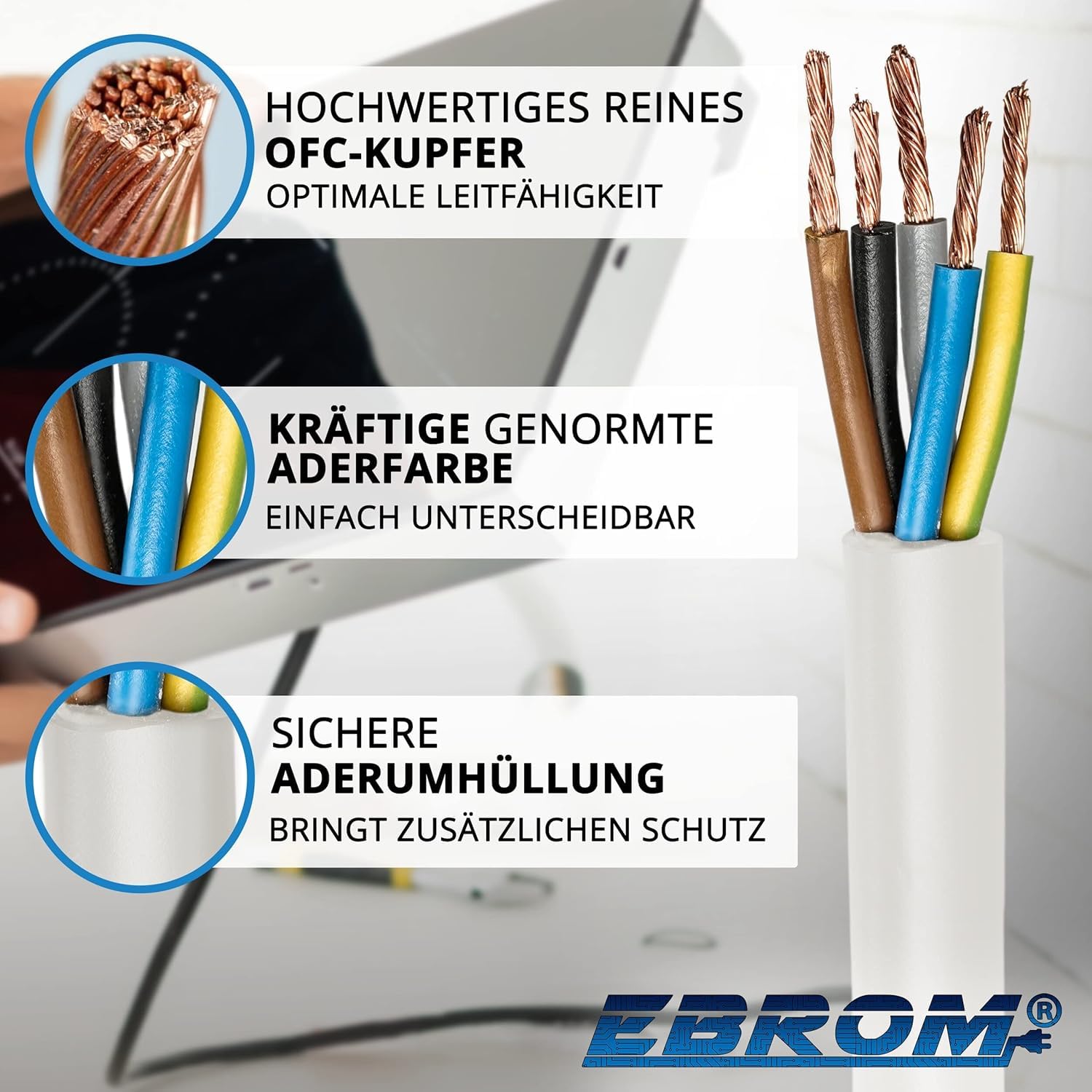 EBROM Herdanschlussleitung Herdkabel H05VV-F 5x2,5 mm² weiß, Länge: 25 m | von 5 m bis 50 Meter - Herdanschlusskabel flexibel RUND - 5x2,5 mm2 - z.B. für Herdanschluss, Drehstromgeräte oder Heizgeräte