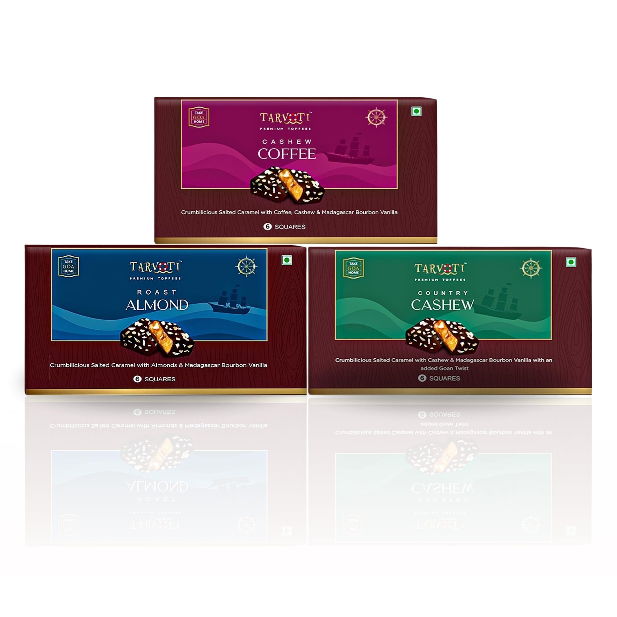 Premium Toffee- 3pc Combo | Roast Almond+Cashew Coffee+Country Cashew | 6units box x 3pcs x 48g each | Nuts with Butter Caramel & Vanilla | Premium Gift pack | Crumbilicious snack