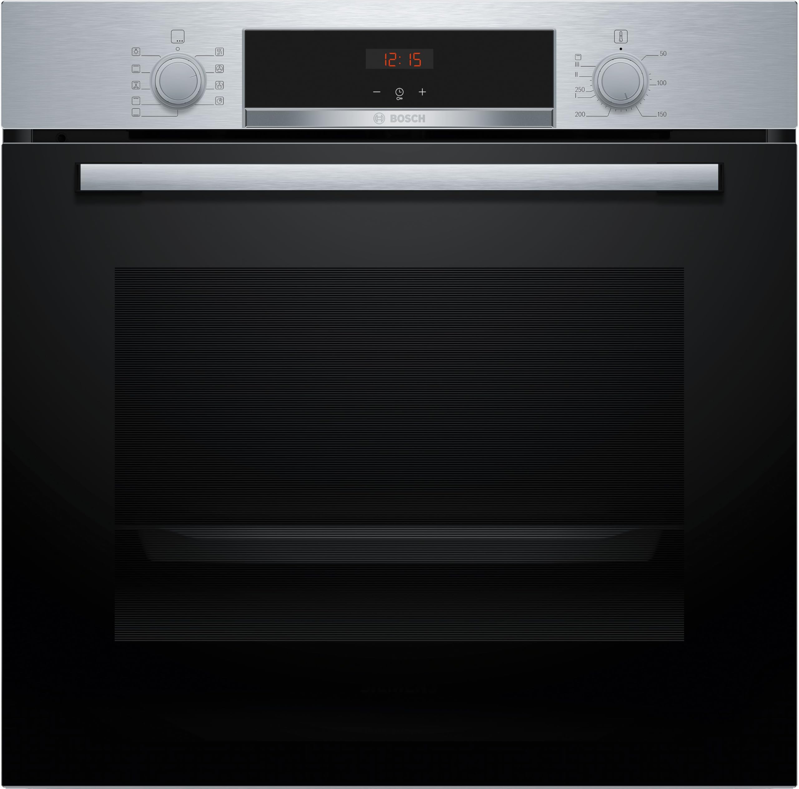 Bosch HBA514BS3, Serie 4, Einbau-Backofen 60 x 60 cm, LED-Display-Steuerung, Hydrolytische Reinigungshilfe, 3D-Heißluft für gleichmäßiges Backen auf 3 Ebenen, Schnellaufheizung, Edelstahl