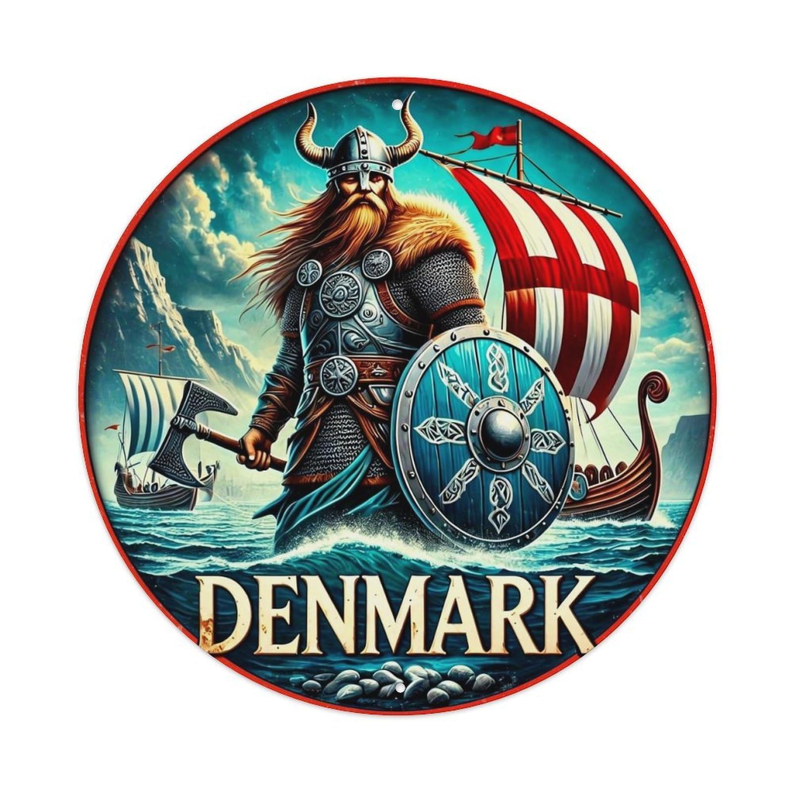 Viking Warrior Shield Ship Sea Round Metal Tin Sign Vintage Wall Decor, Bar Garage Cafe Kitchen Home Wall Art Poster 8x8inches