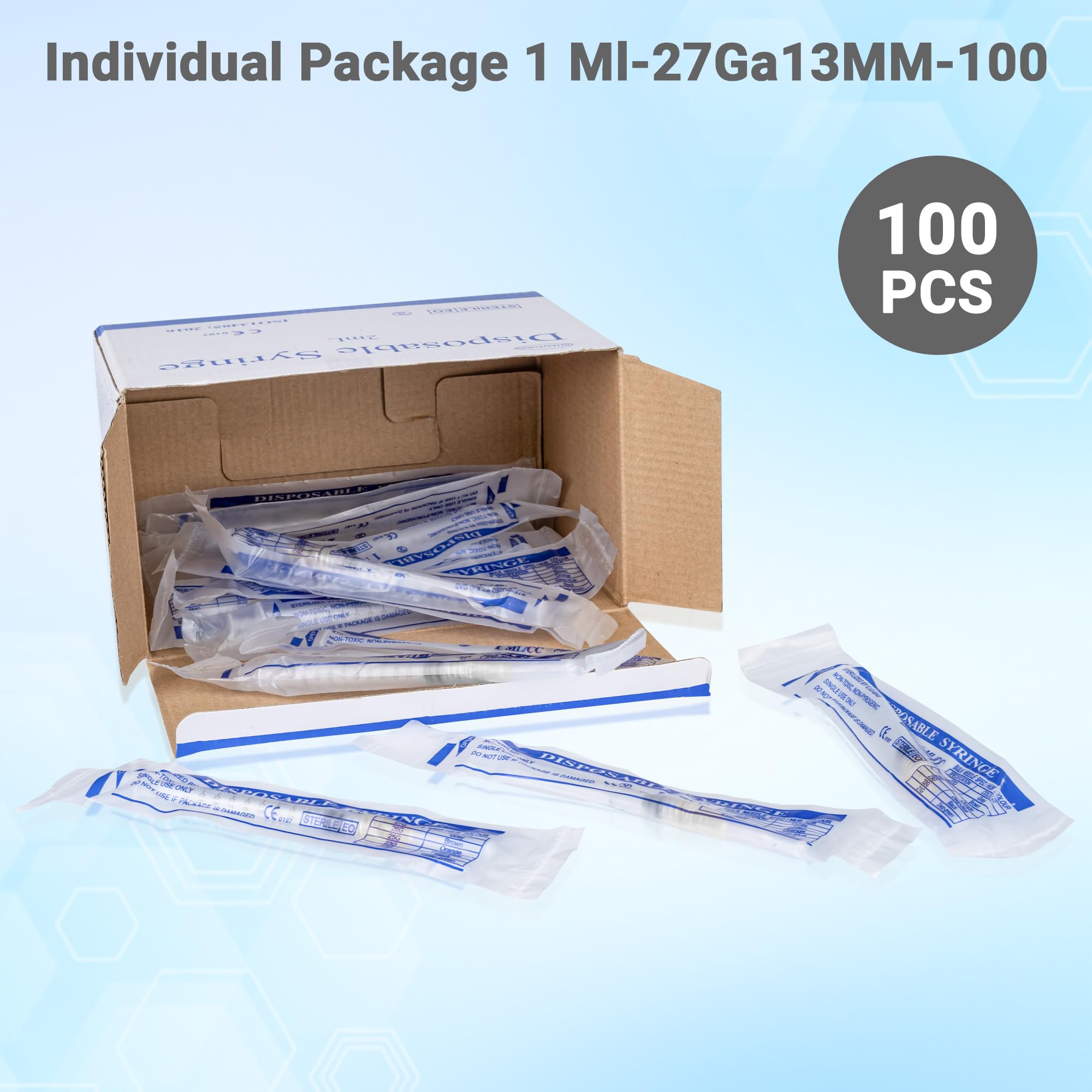 100 Pack 1mL 27Ga 1/2 Inch 13MM Lab Syringe Tools, Individually Packed — Amazon image 4
