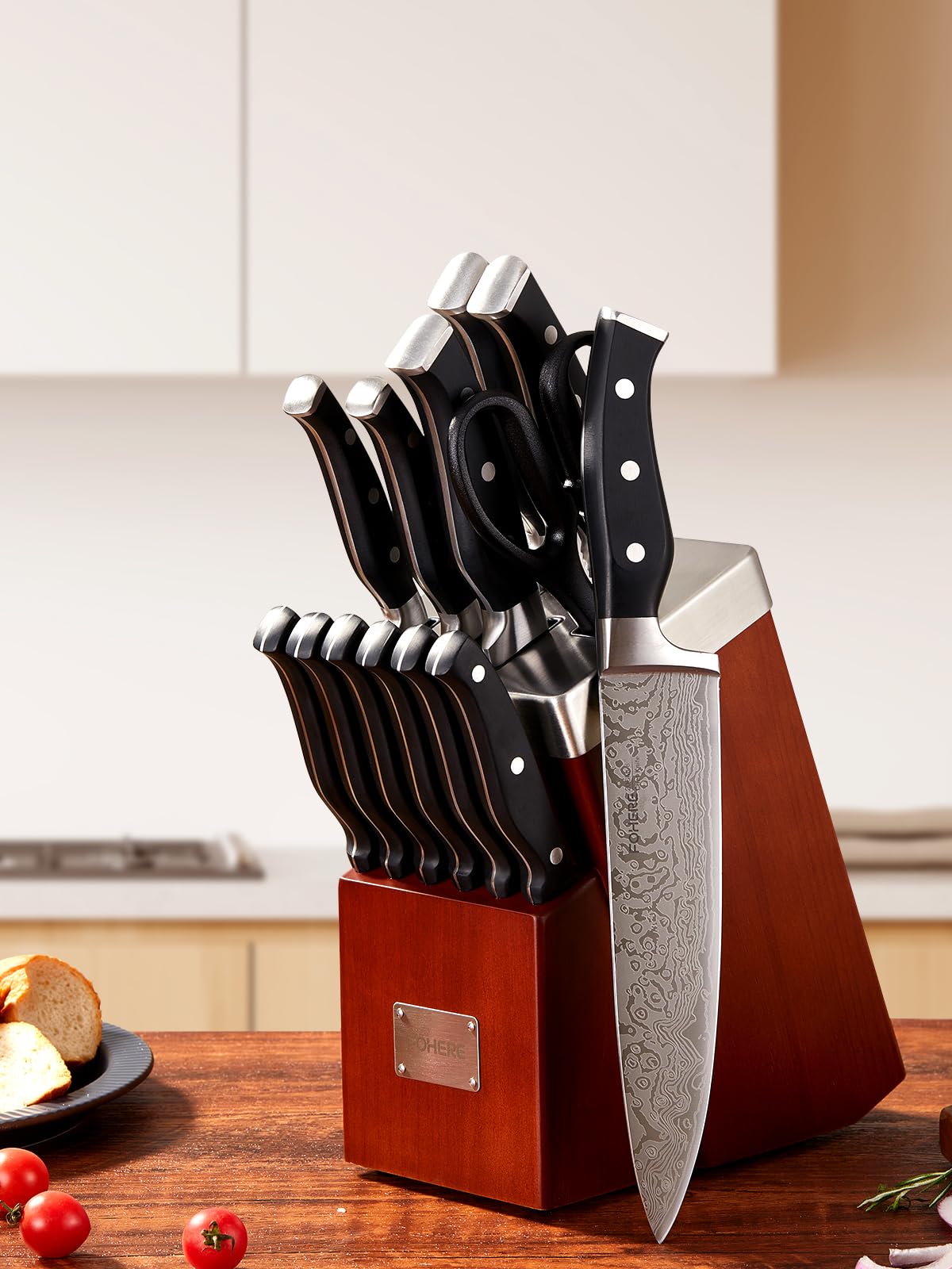 Couteau Cuisine, FOHERE 14 Pièces Bloc de Couteaux avec Affûteur Intégré, Set Couteau Cuisine en Acier Inoxydable, Bloc Brun Rougeâtre en Bois