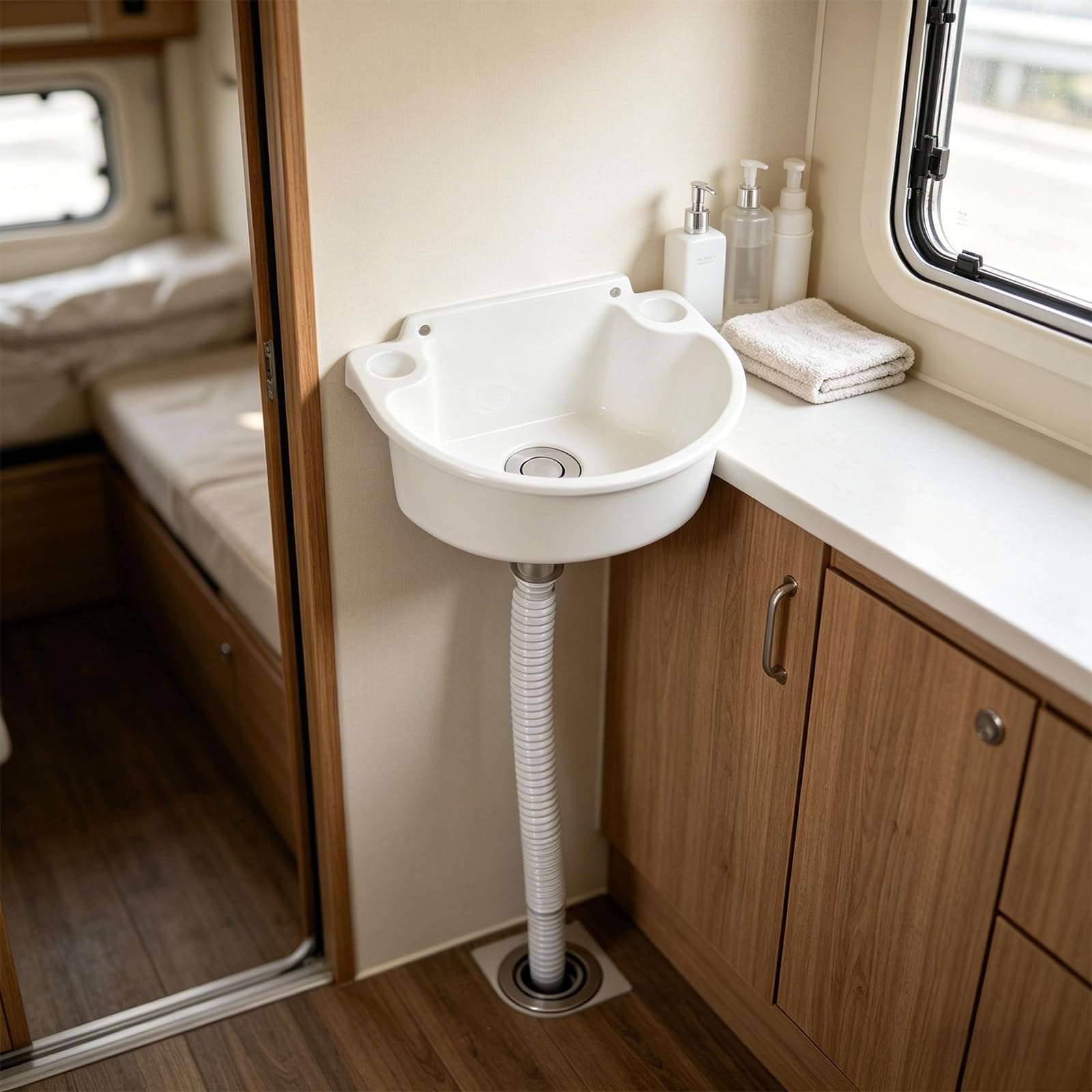Lavabo in plastica, montaggio a parete, a semicerchio, bianco | Lavello per camper con tubo e tappo di scarico, per angoli della cucina, camper, 29,5 x 21 x 10,5 cm