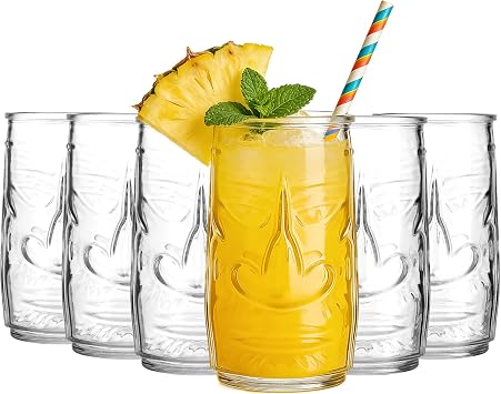 Tiki Glasses Set of 6 - Highball Glasses - 520 ml Cocktail Water Glass for Tropical Bar - Hawaiian Party Drinking Glass