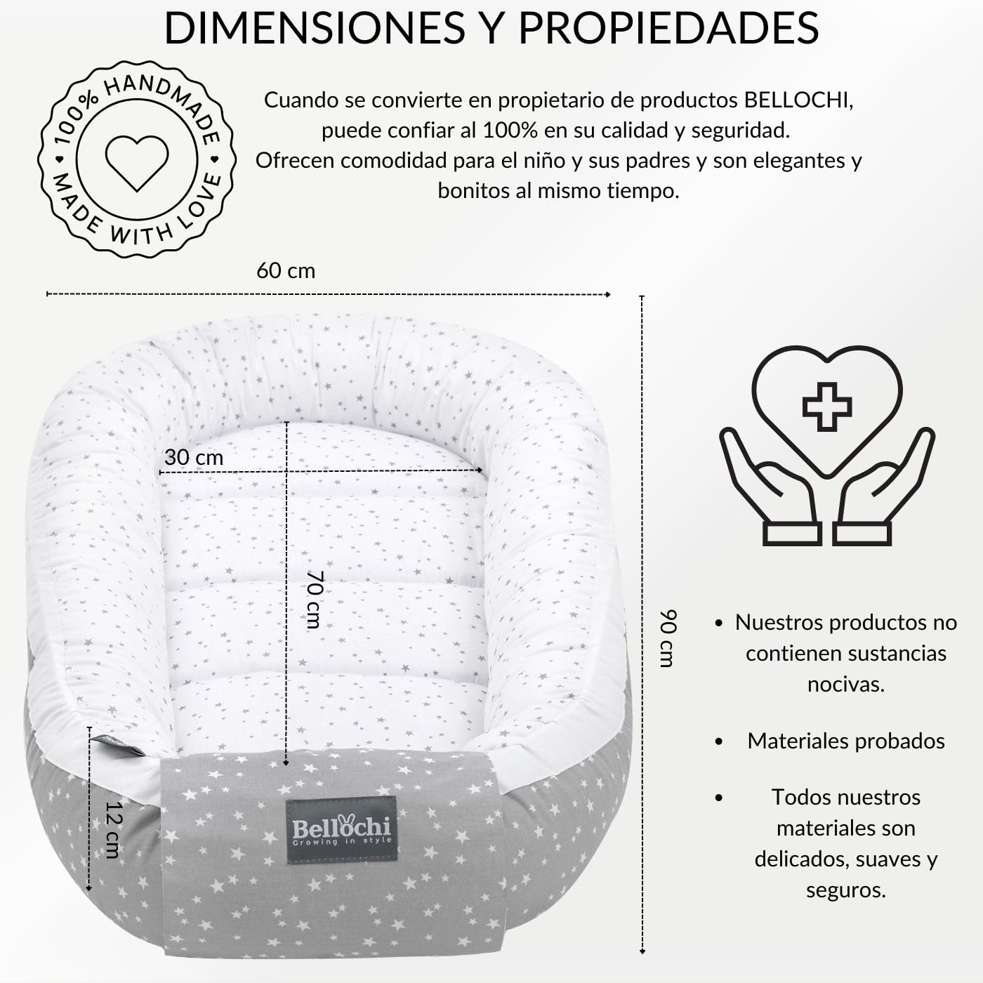Bellochi Nido Bebe Recien Nacido, Reductor de Cuna Nido para Bebe - 100% Algodón - Oeko-Tex Certificado - 90x60x12cm con Bordes Protectores - Polaris