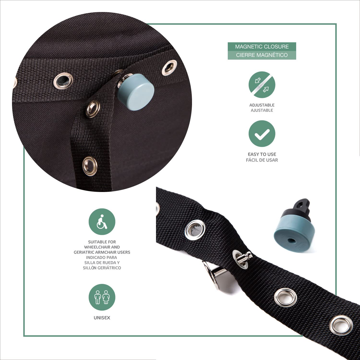 Cinturón de Sujeción Abdominal con Cierre Magnético para Silla de Ruedas, Silla Geriátrica o Sillón | Extralargo: 300 cm | Acolchado | Arnés para Silla de Ruedas Ancianos | Talla Única