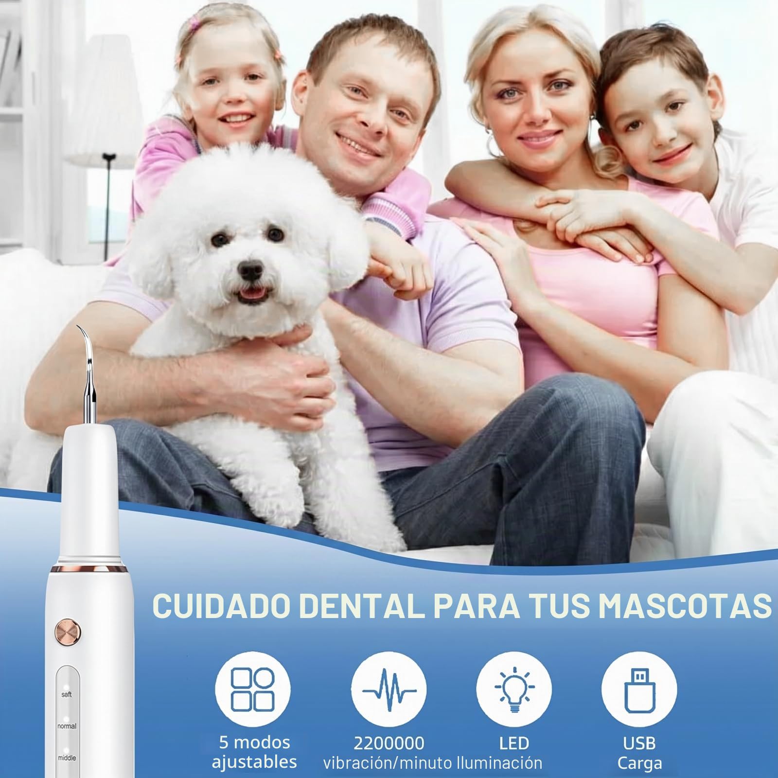 Removedor de sarro ultrasónico, juego de limpieza de dientes ultrasónico para perros, limpiador dental para mascotas, 5 modos ajustables, herramientas de limpieza de dientes para perros y