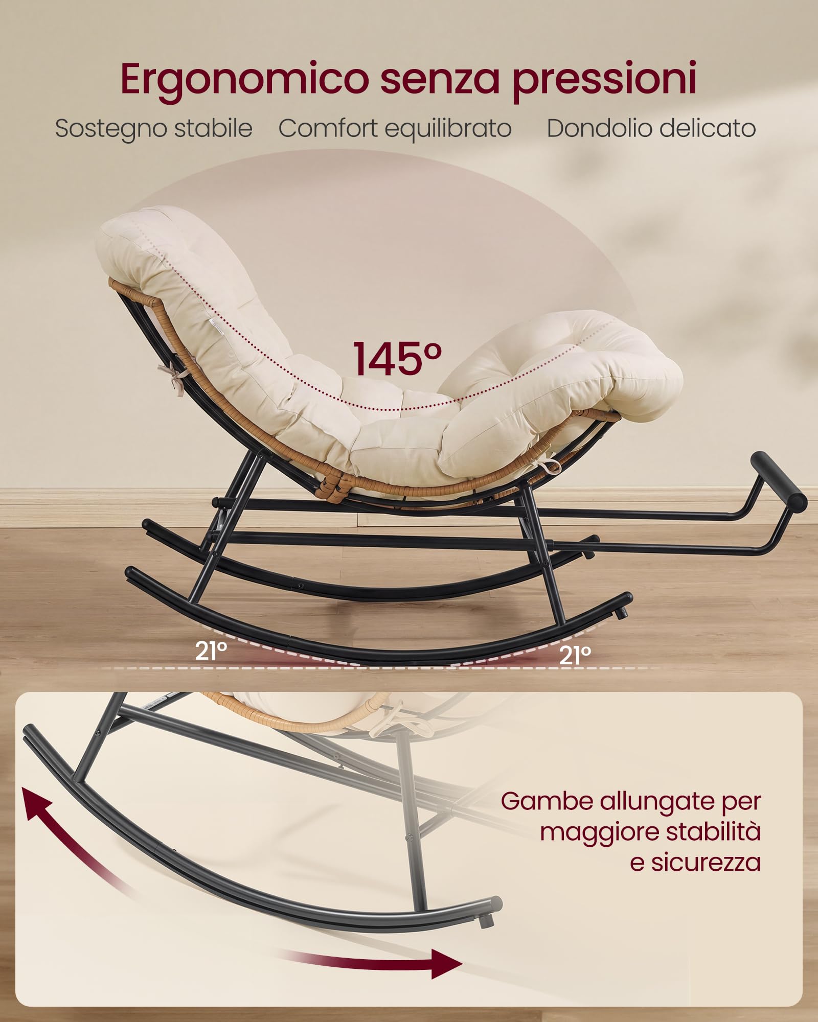 VASAGLE Sedia a Dondolo, Poltrona a Dondolo, Struttura in Acciaio, Poggiapiedi Estraibile, Cuscino Rimovibile, Portata 136 kg, Camera da Letto Soggiorno Terrazza Giardino, Beige LYY062WZ01