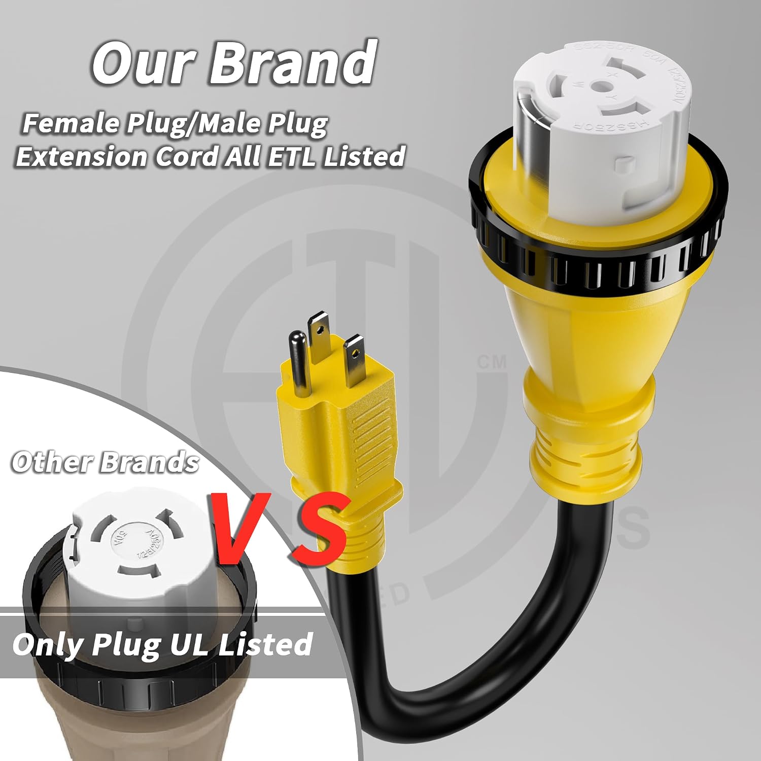 PlugSaf 50 Amp to 15 Amp 110V RV Adapter Plug, 15A Male to 50A Female RV Power Adapter with Twist Lock Plug, Dogbone Electrical for Camper, NEMA 5-15P SS 2-50R, 10/3 STW Cord 12" Yellow