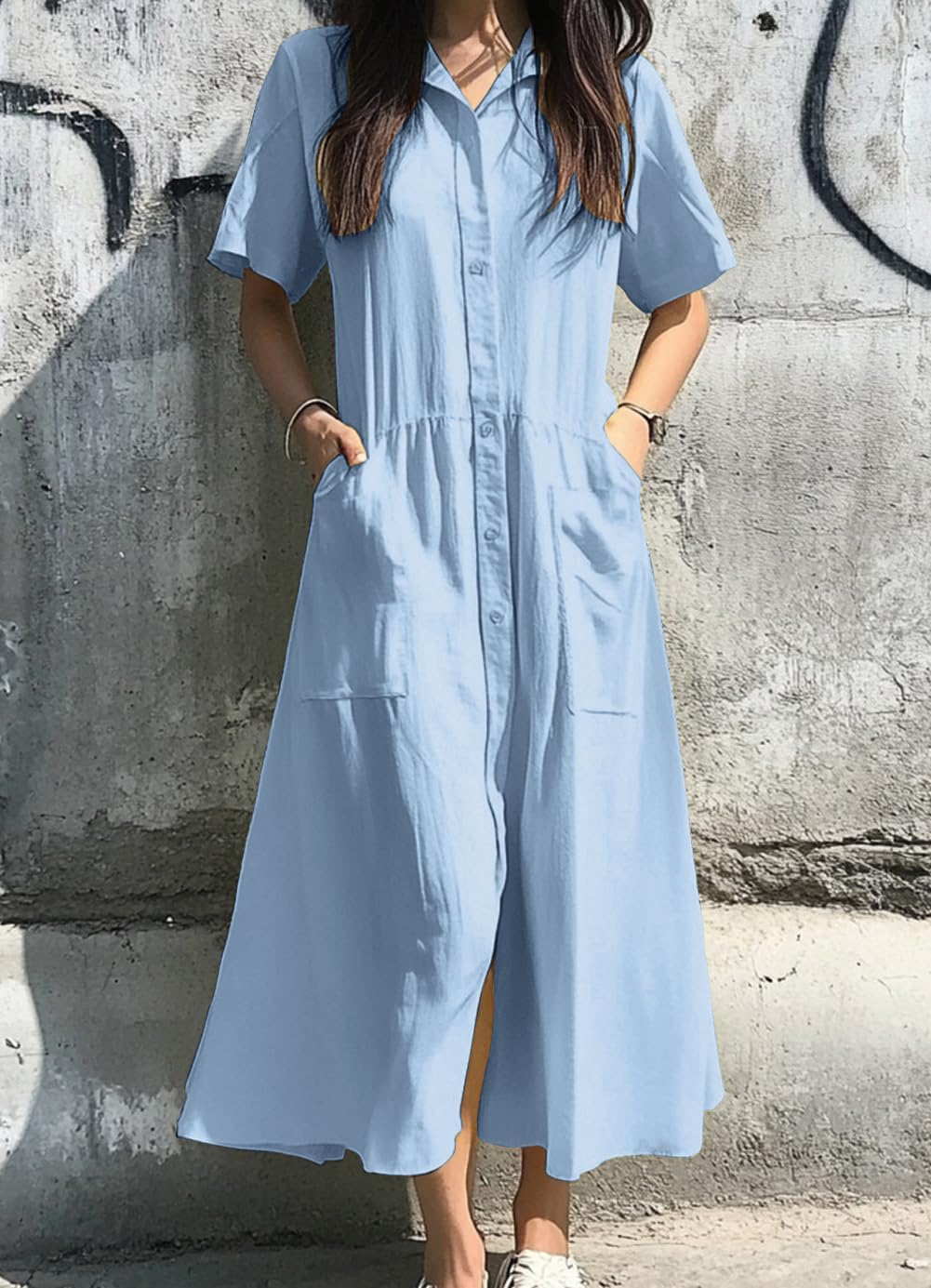 chouyatou Women's Summer Short Sleeve Button Down Shirt Dress A-Line Flared Maxi Long Beach Casual Dress - Image 2