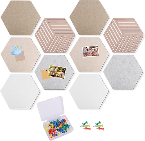 10 Stück 30cm Korktafel Hexagon mit 50 Farbigen Stecknadeln, Verdickt Selbstkleb