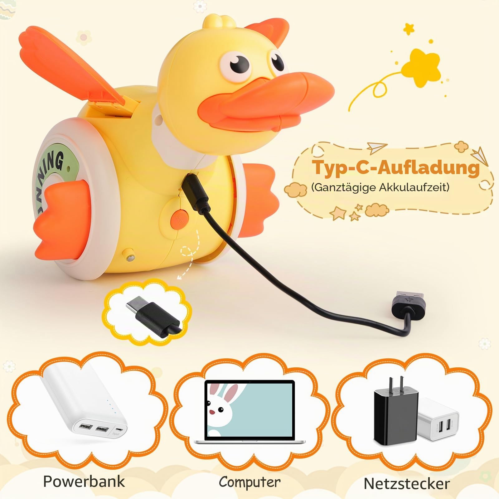 Spielzeug Ente, geeignet für Babys ab 1 Jahr, mit Musiksteuerung, Tanz- und Lichtfunktionen, wiederaufladbar über USB, geeignet für Kinder von 6 Monaten bis 4 Jahren