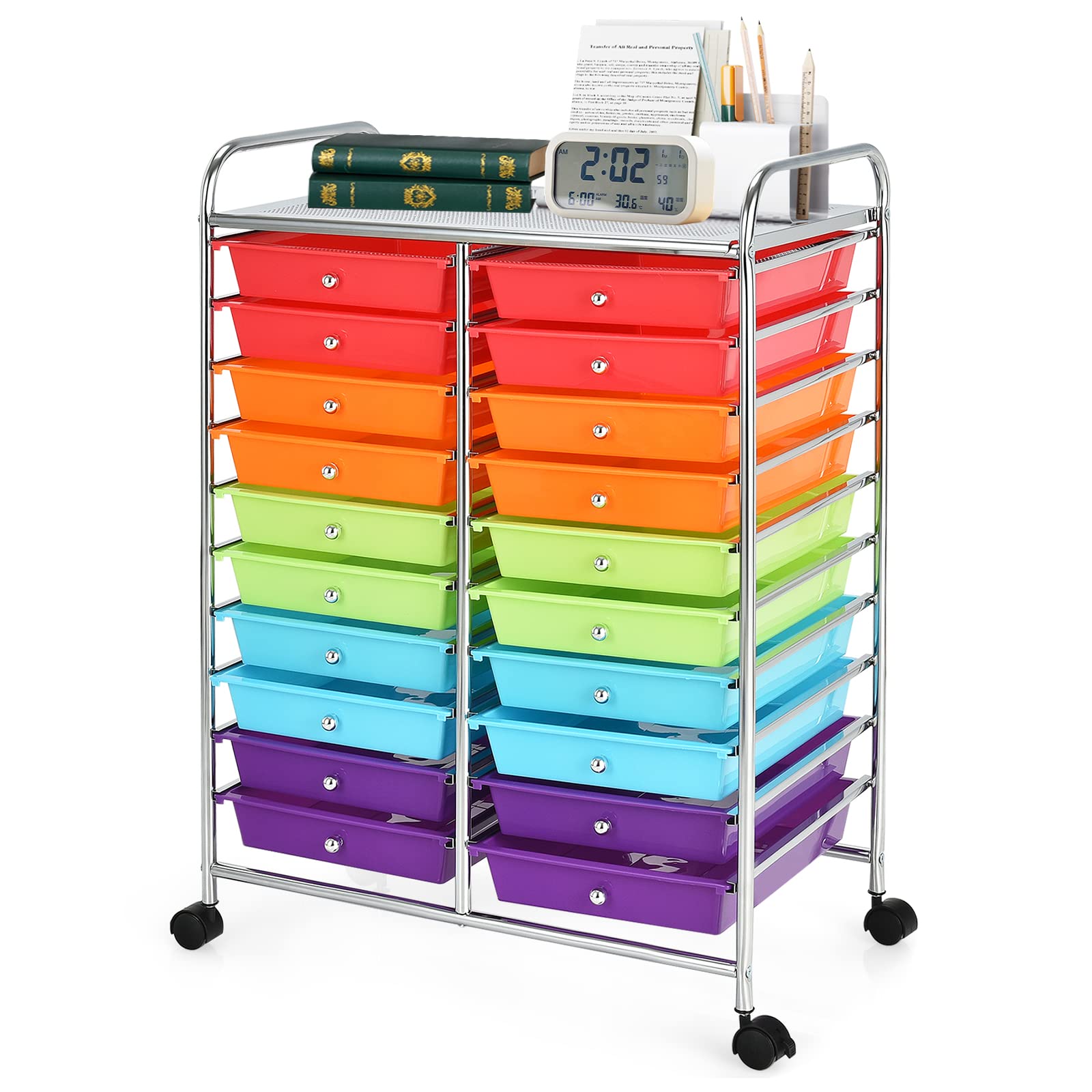 GOPLUS Chariot de Rangement 20 Tiroirs, Tour de Rangement à roulettes, Cadre en Acier, pour Chambre, Bureau, 64 x 38 x 87 CM, Multicolore