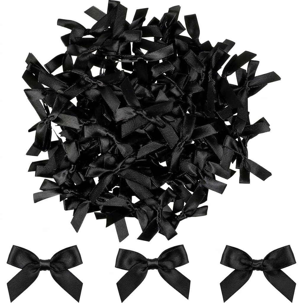 100 sztuk mini kokardek czarna satynowa wstążka do pakowania prezentów ślubnych na Boże Narodzenie, dekoracja małego motyla gotowa do pracy, do hobby, scrapbookingu, kartki z życzeniami, chrzciny