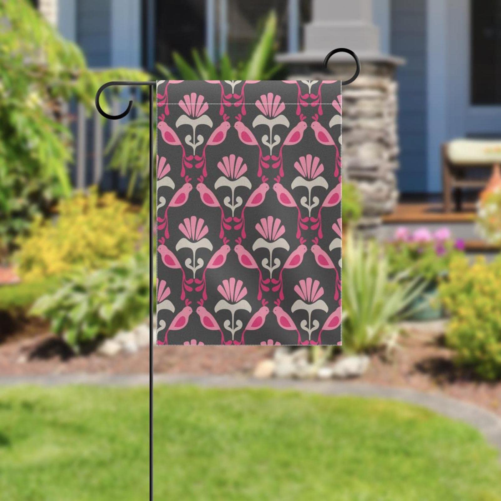 Uccello tropicale foglie rosa estate Bandiera da giardino 12x18 pollici,Bandiere da giardino piccole,banner verticale bifacciale,decorazione per esterni