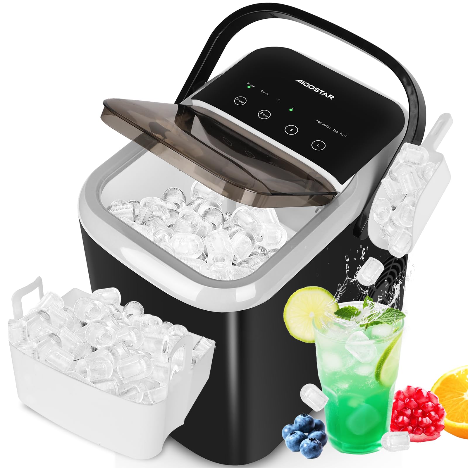 Aigostar Machine a Glacons 1,5 L, 130W Machines à Glaçons à Double Couvercle, 9 Glaçons en 6 Mins, 12kg/24h, 2 Tailles de Glaçons, Autonettoyante, Portable pour Maison/Cuisine/Camping, Noir