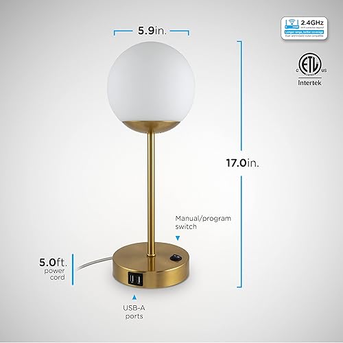 Miniatura 6 de Enbrighten Lámpara de mesa con bombilla inteligente Wi-FI, luz moderna, rango completo regulable, colores RGB vibrantes, puertos de carga USB