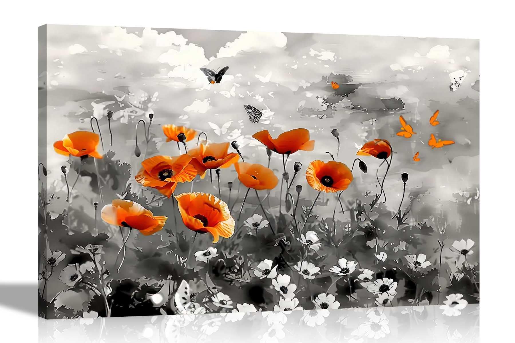 Artley Prints Orange Poppy Flowers - Abstract And Butterflies Canvas Art Pictures Living Room Bedroom Hallway Water Colour Print 60 X 40Cm (24 X 16 Inches) A2
