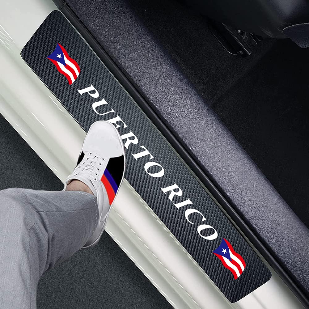FLAGSP 4pcs Puerto Rico PR Flag Puerto Rican Carbon Fiber Car Door Front/Rear Sill Plate Protectors, Sticker Decorative Door Entry Guard Door