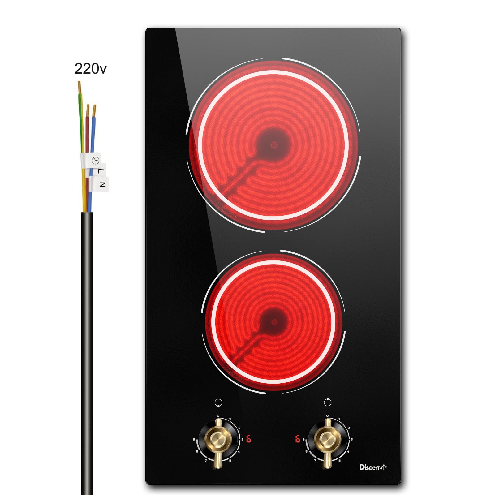 2 Burner Electric Cooktop - 12 Inch Electric Stove Top 3000W, 220V Built-in Ceramic Cook Top with Retro Knob, 9 Power Heating Level, 220-240V Hard Wired