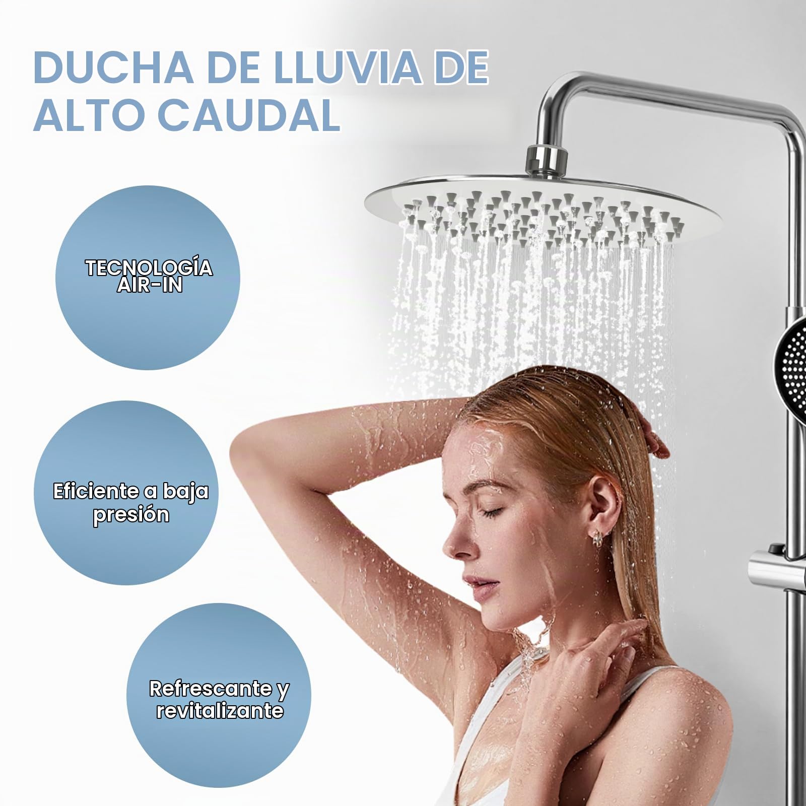 Cozary Cabezal de Ducha Lluvia Redonda 20cm (8 Pulgadas), Alcachofa de Ducha Alta Presión Acero Inoxidable con Boquillas Anti-Cal, Autolimpiante, Fácil Instalación sin Herramientas, Cromo