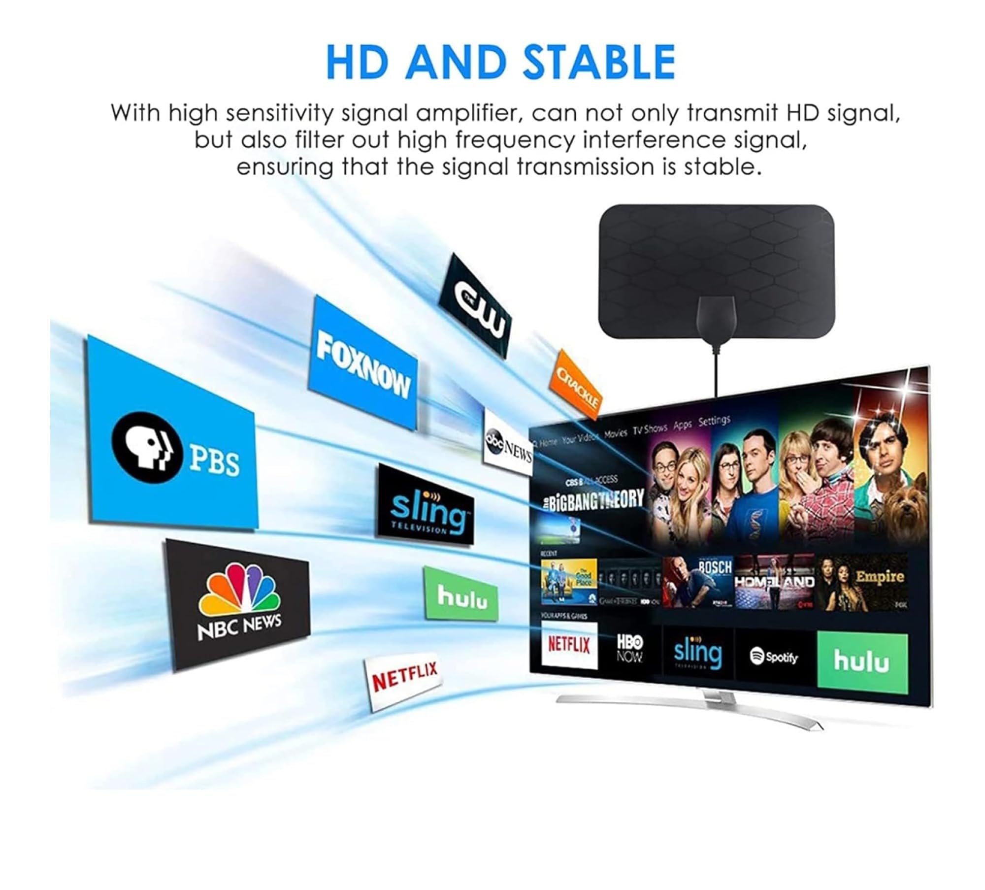 Antenne TV pour Smart TV – Antenne HD numérique HD pour intérieur et extérieur, compatible avec toutes les télévisions 4K 1080p HDTV 360 ° Amplifié Signal Réception Booster Chaînes locales gratuites,