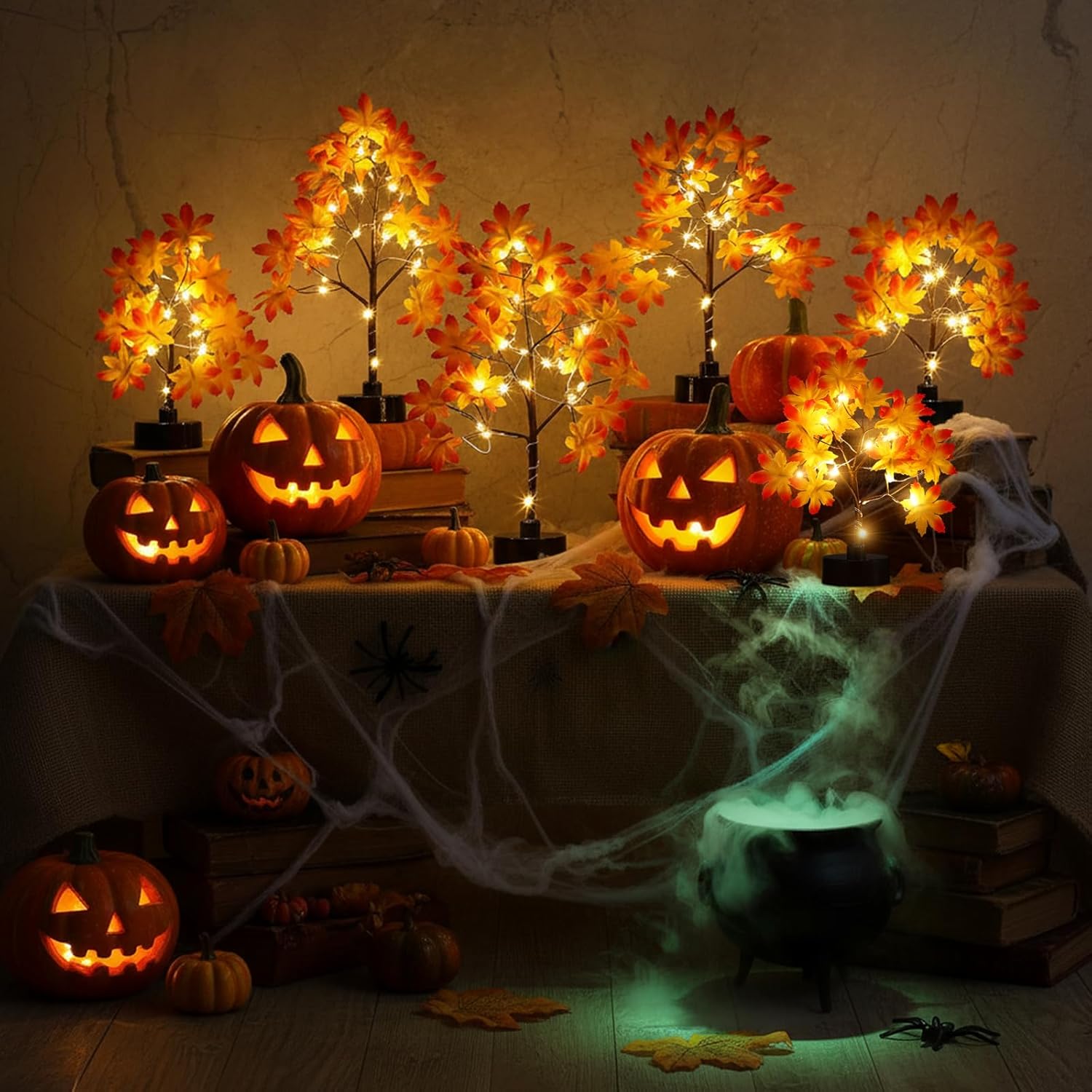 Coume 6 Pack Thanksgiving Decorations Small Fall Lighted Maple Tree 6inch 8inch 18 LED Light up Table Artificial Autumn Centerpiece Wedding Party Gift for Home Fireplace Harvest Tabletop Indoor Decor