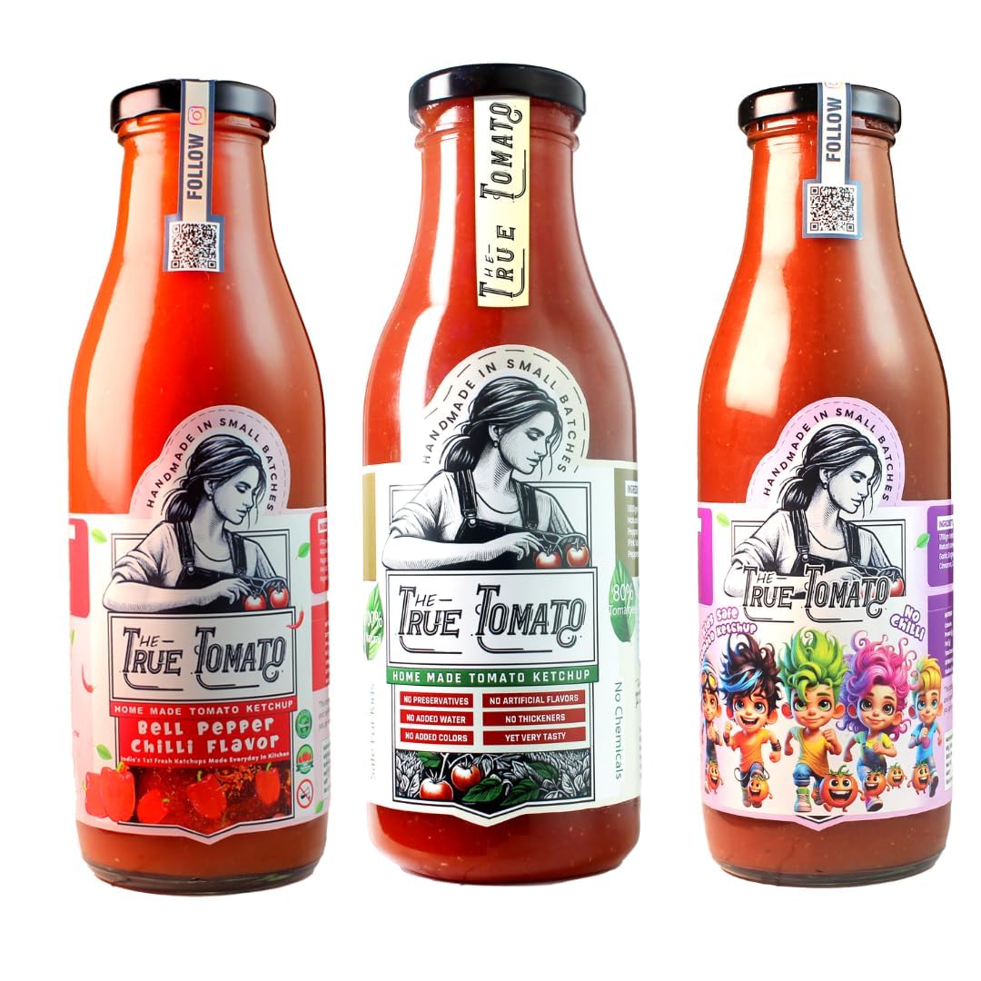 Homemade Tomato Ketchup Classic, Bell Pepper Chilli , Kids No Chilli Pack of 3 | Homemade and Made To Order |Natural | 80% Fresh Tomatoes | No Chemicals, No Added Colors, No Oils, No Preservatives, No Thickeners (220 Gram, Classic + Bell Pepper Chilli + Kids No Chilli)